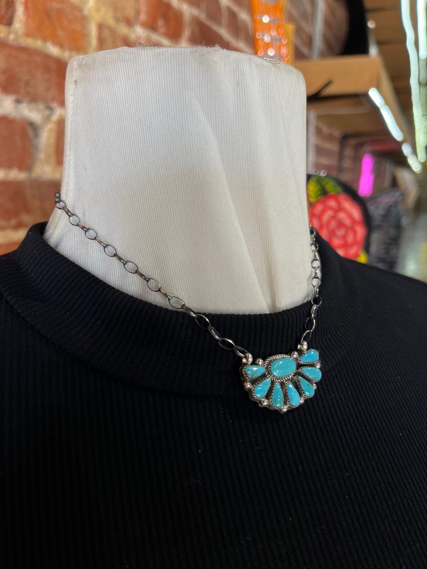16" Kingman Turquoise Half Cluster Necklace by Alicia Wilson, Navajo