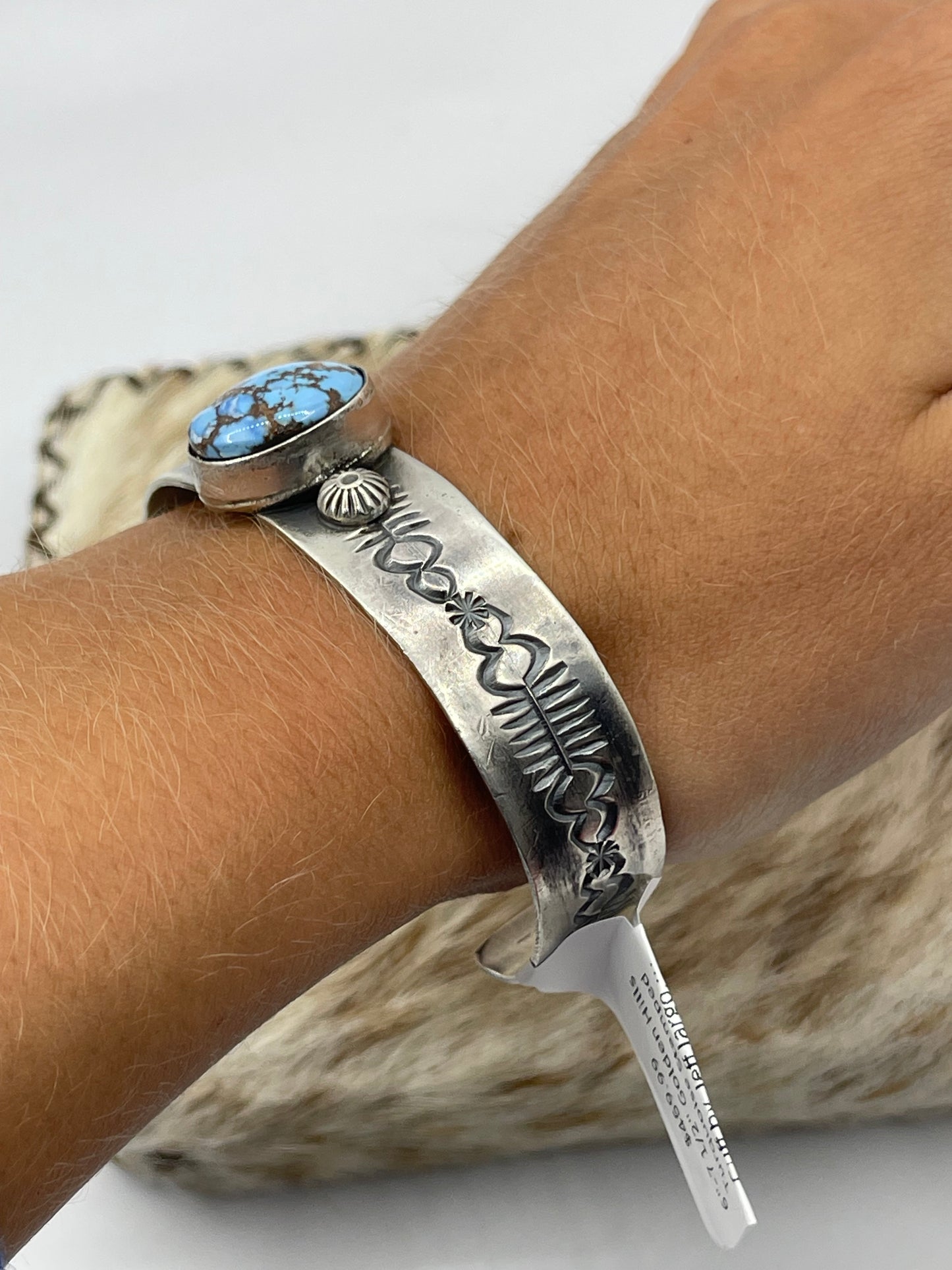 Golden Hills Turquoise Stamped Cuff by Jeff largo, Navajo