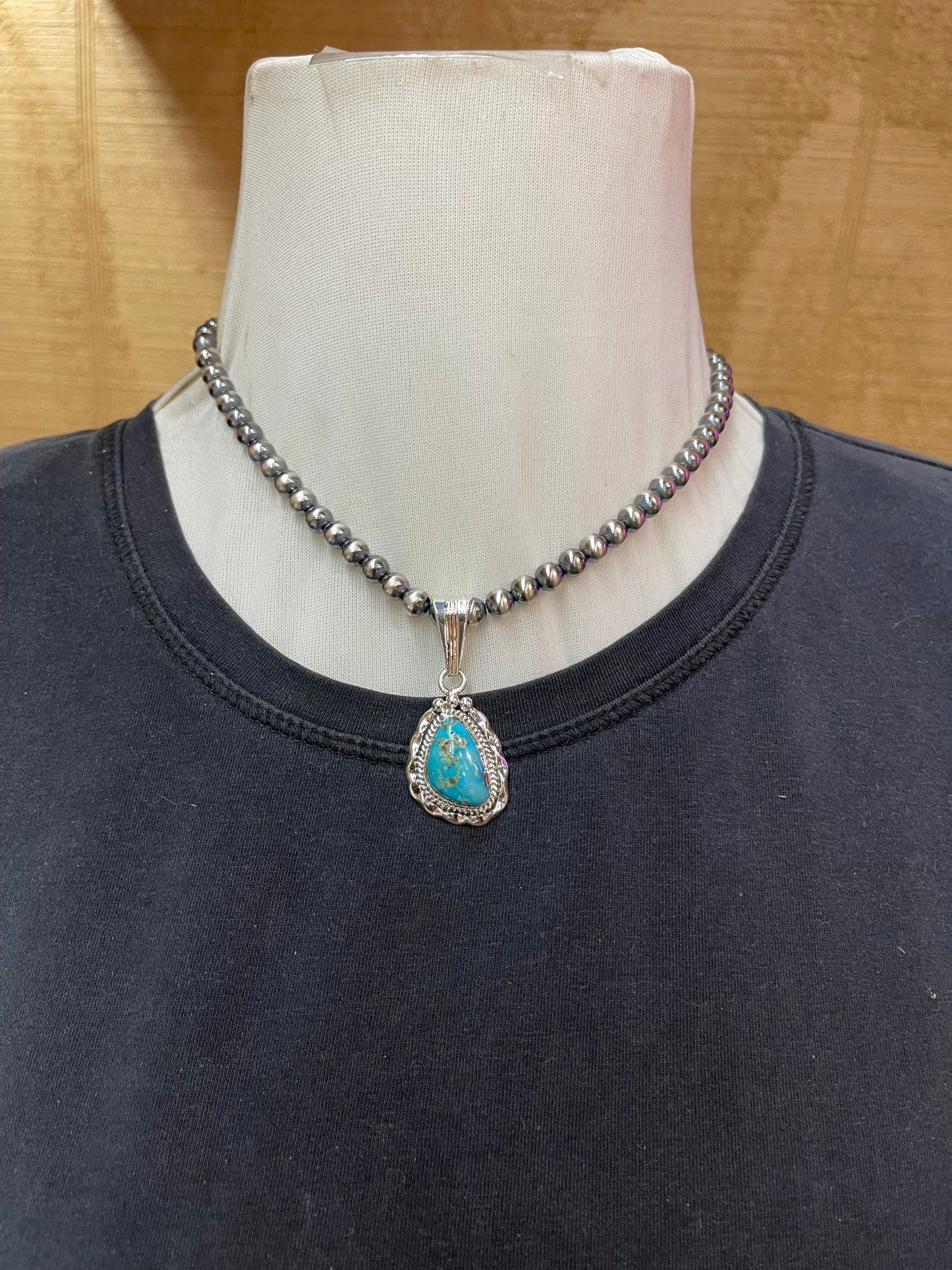 Kingman Turquoise Teardrop Pendant by Samual Yellowhair, Navajo