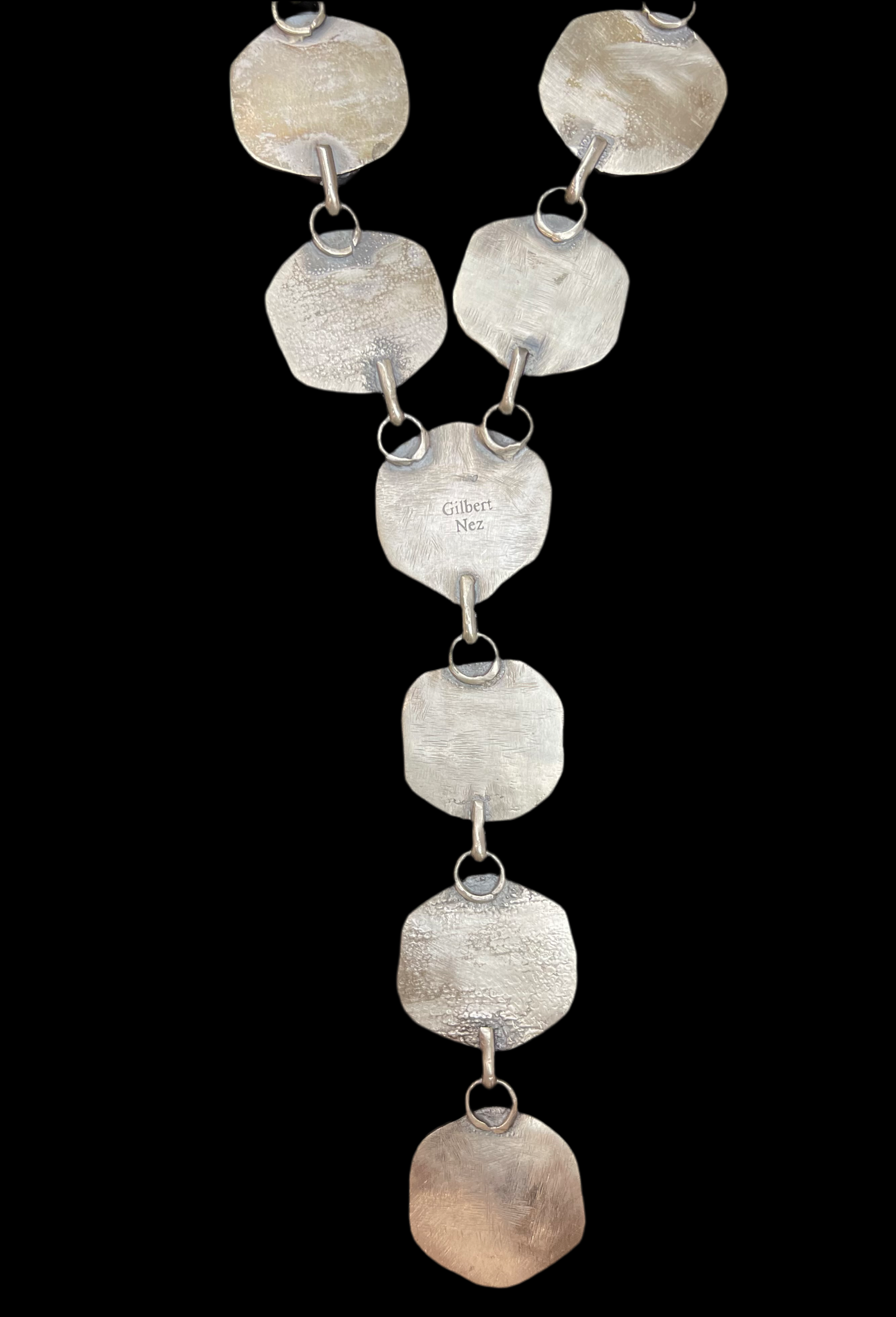 3 Piece Ribbon Turquoise 26" Lariat, 7.5 Ring, and Earring Set by Gilbert Nez, Navajo