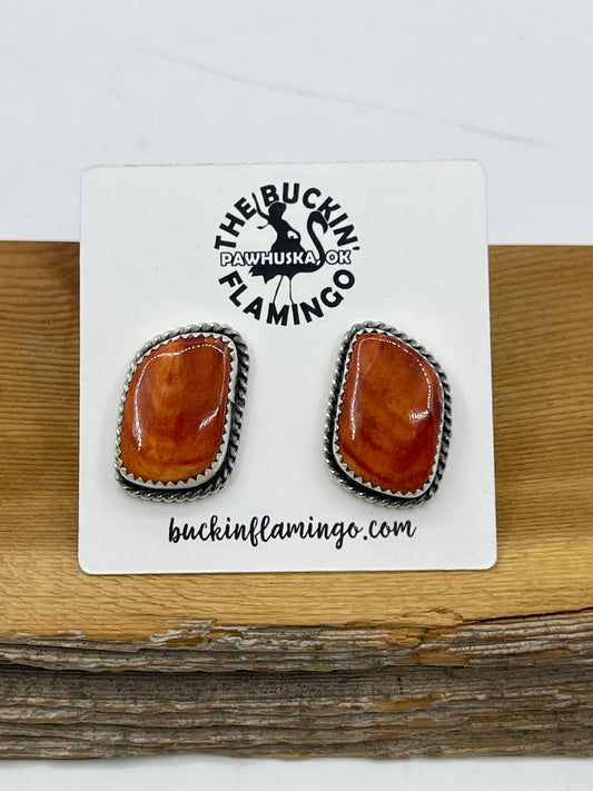 Orange Spiny Oyster Shell Post Earrings by Virginia Becenti, Navajo