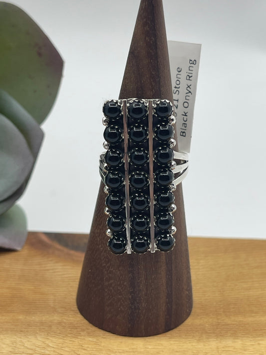 9.0 21 Stone Black Onyx Ring by Kenny Lonjose, Navajo