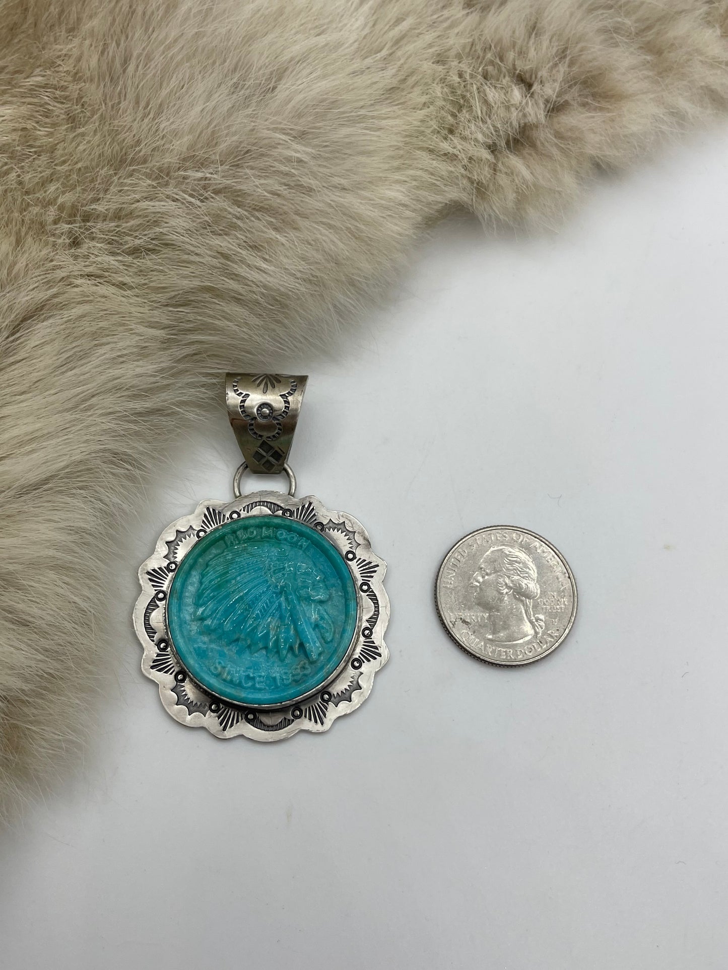 10mm Bale Carved Chief Block Turquoise Pendant By Lyle Piaso, Navajo
