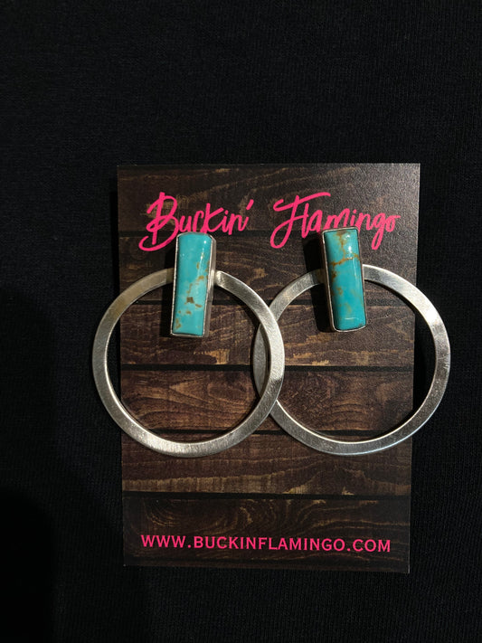 Kingman Turquoise Bar Halo Hoop Post Earrings by Elouise Kee, Navajo