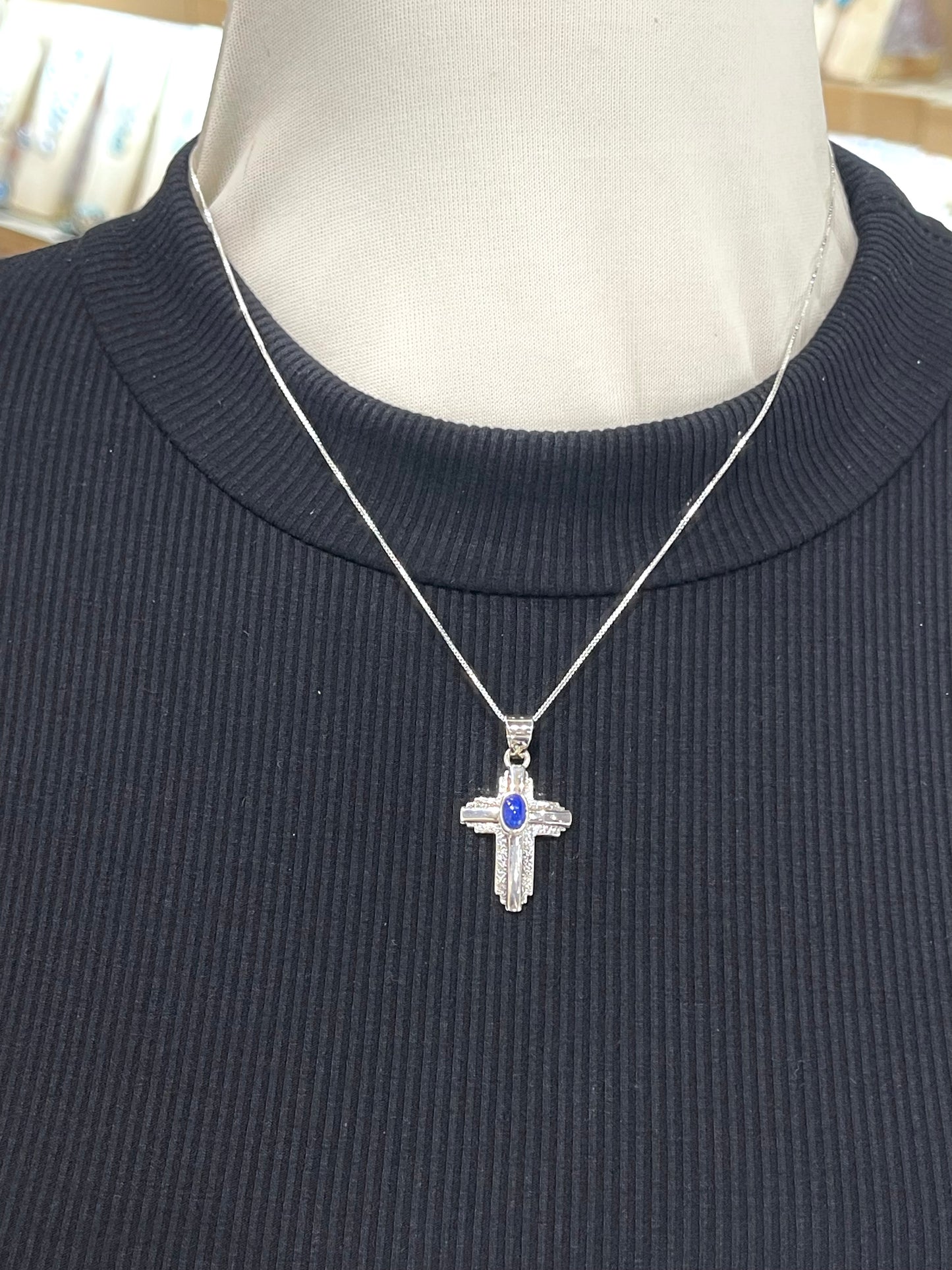 18" Lapis Stone Cross Necklace By Runningbear, Navajo