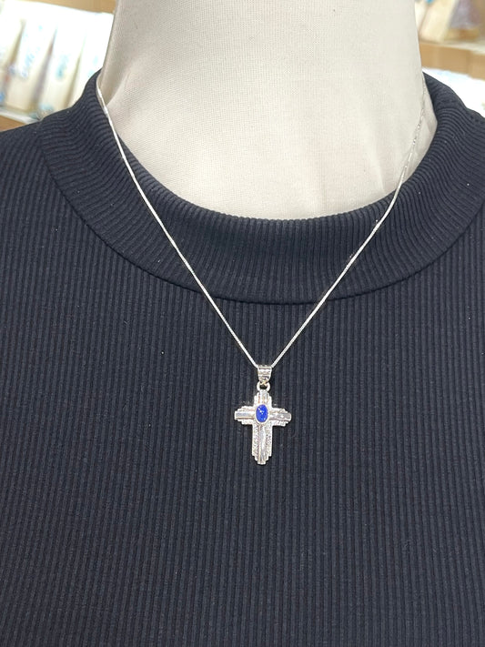 18" Lapis Stone Cross Necklace By Runningbear, Navajo