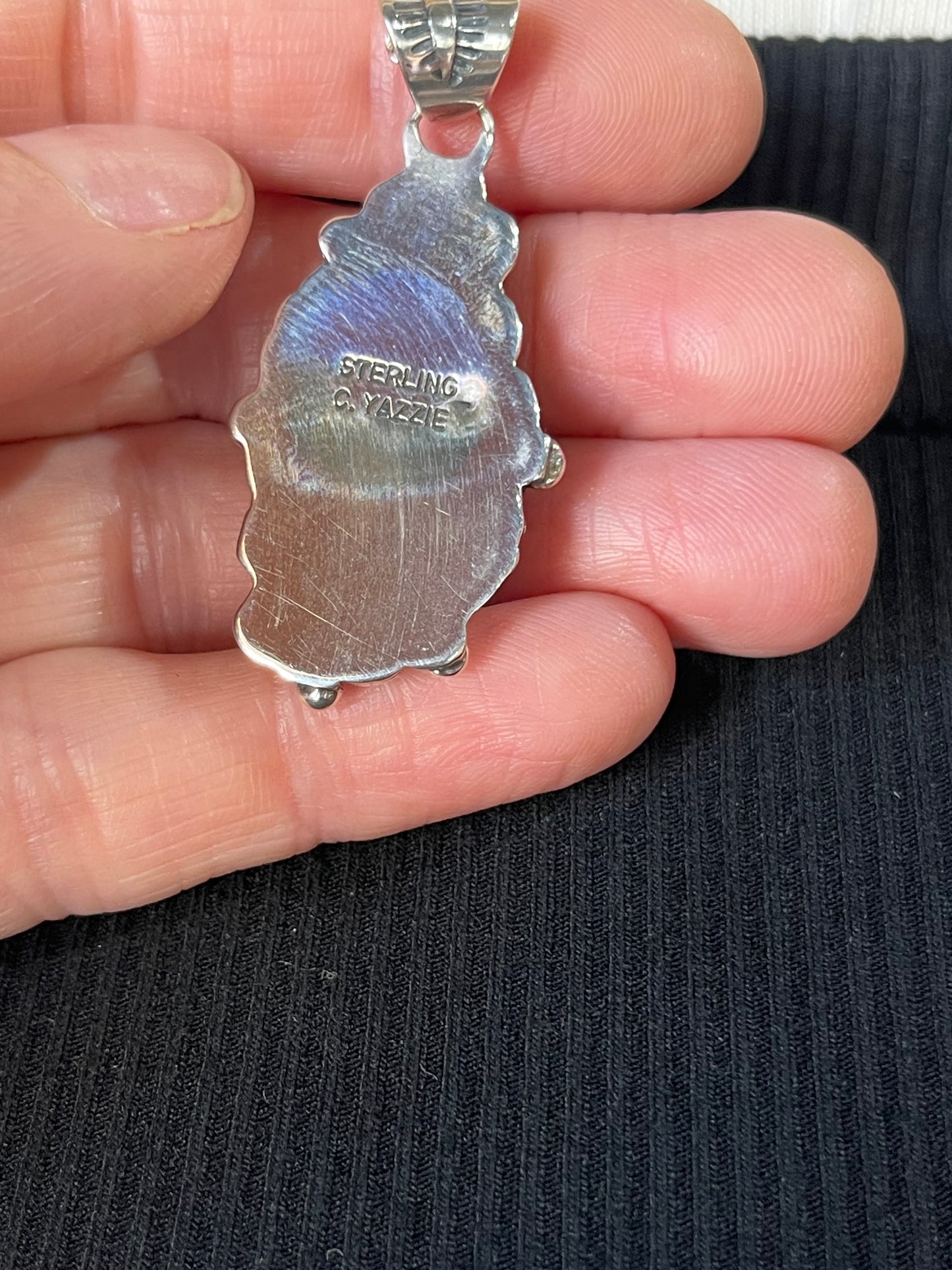 16" Two Stone Turquoise Floral Pendant Necklace by C. Yazzie, Navajo