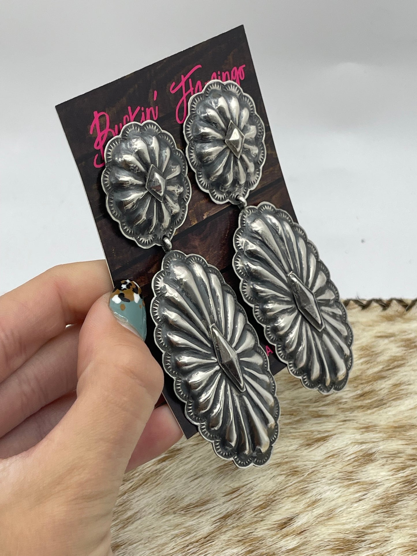 Double Concho Post Dangle Earrings by Rita Lee, Navajo