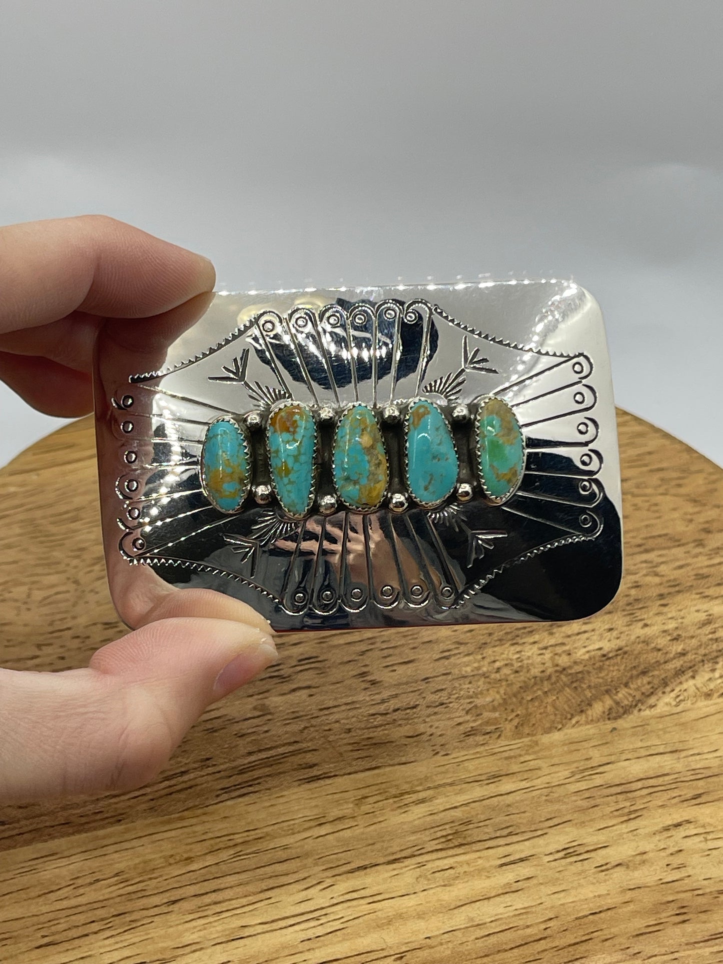5 Stone Kingman Turquoise Stamped Buckle by Jolene Begay, Navajo
