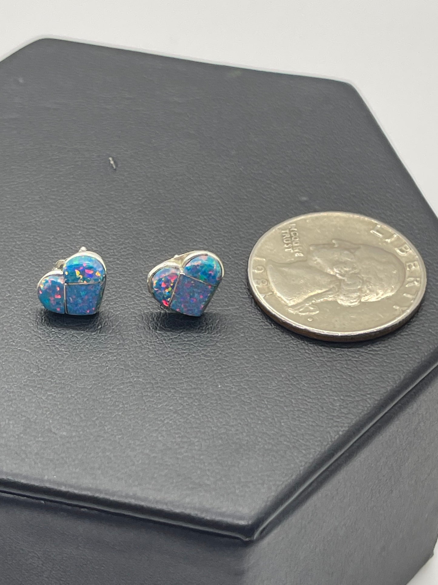 Dainty Blue Opal Heart Earrings by Linda Chavez, Zuni