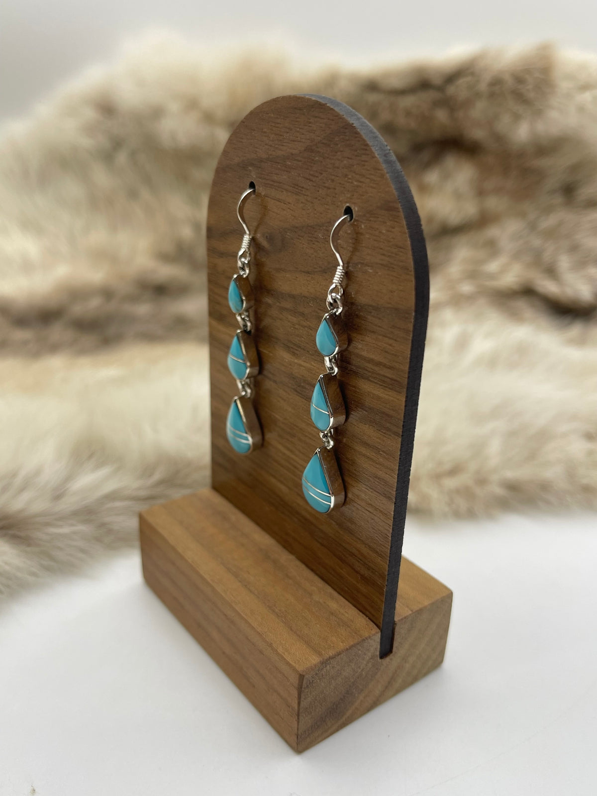 Turquoise Inlay Teardrop Triple Dangle Earrings by James Manygoats, Navajo