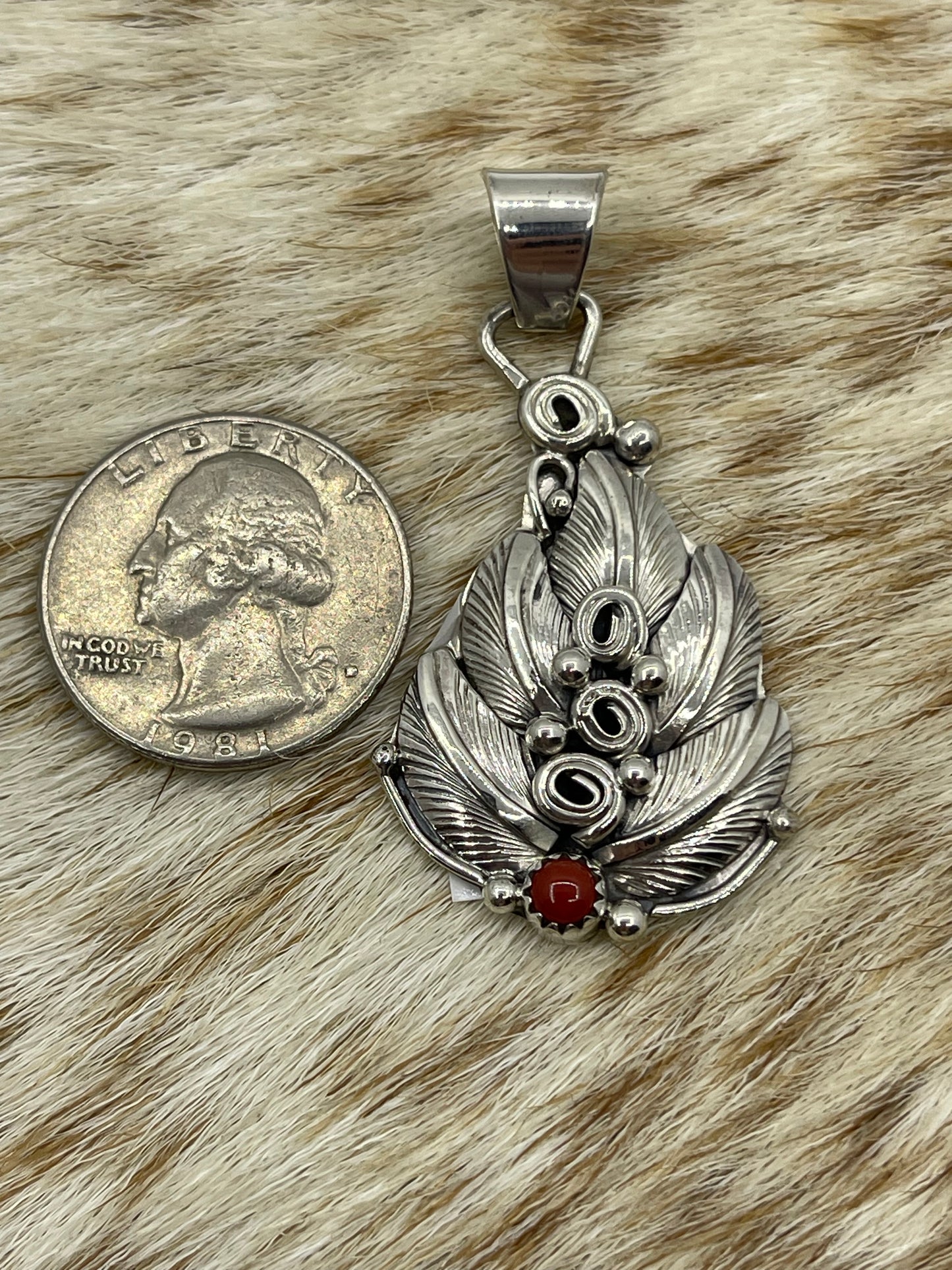 Red Coral Feather Pendant with a 5.8mm Bale by Darrell Morgan, Navajo