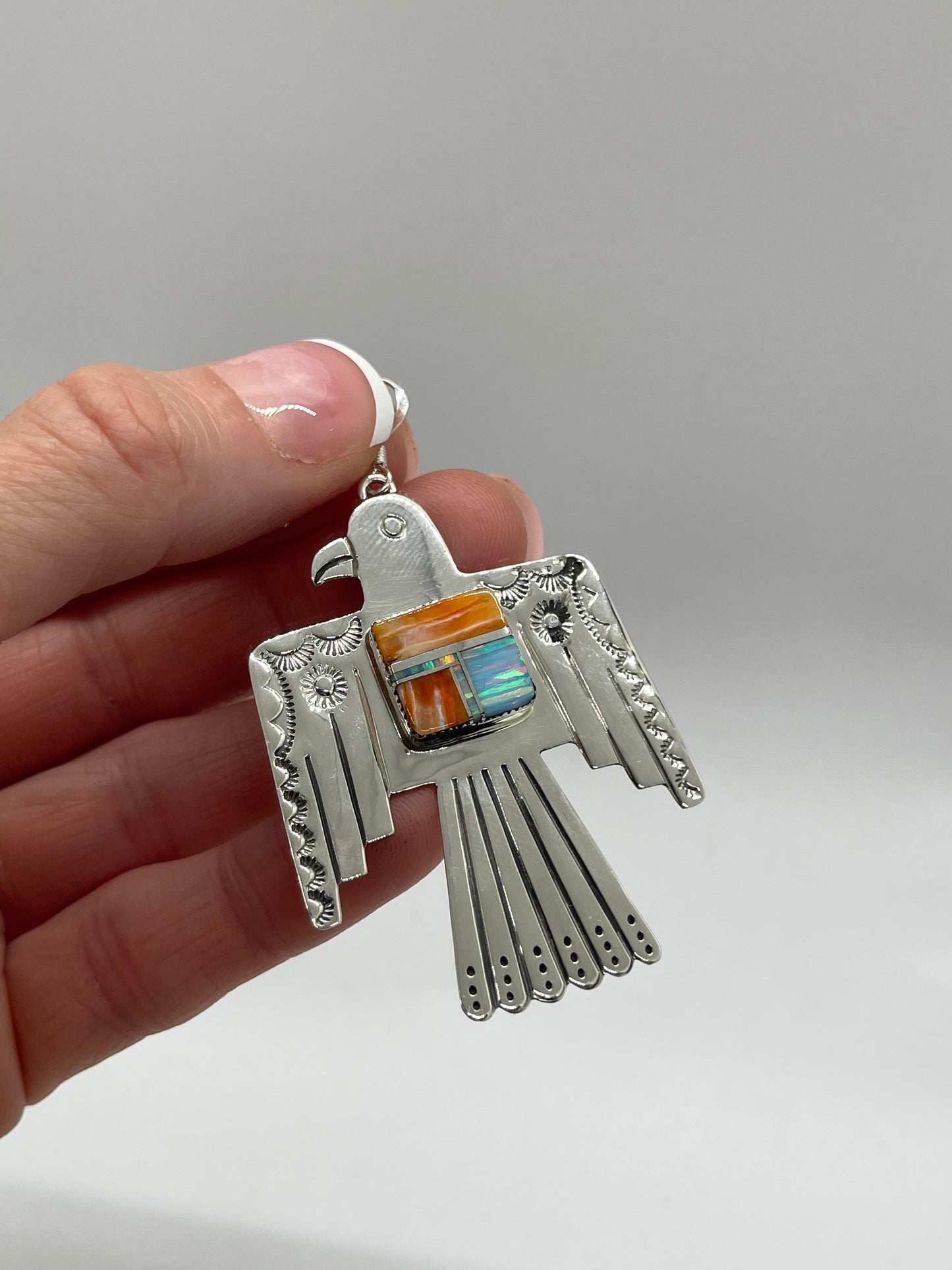 Orange Spiny and White Opal Thunderbird Dangle Earrings by Bobby Platero, Navajo