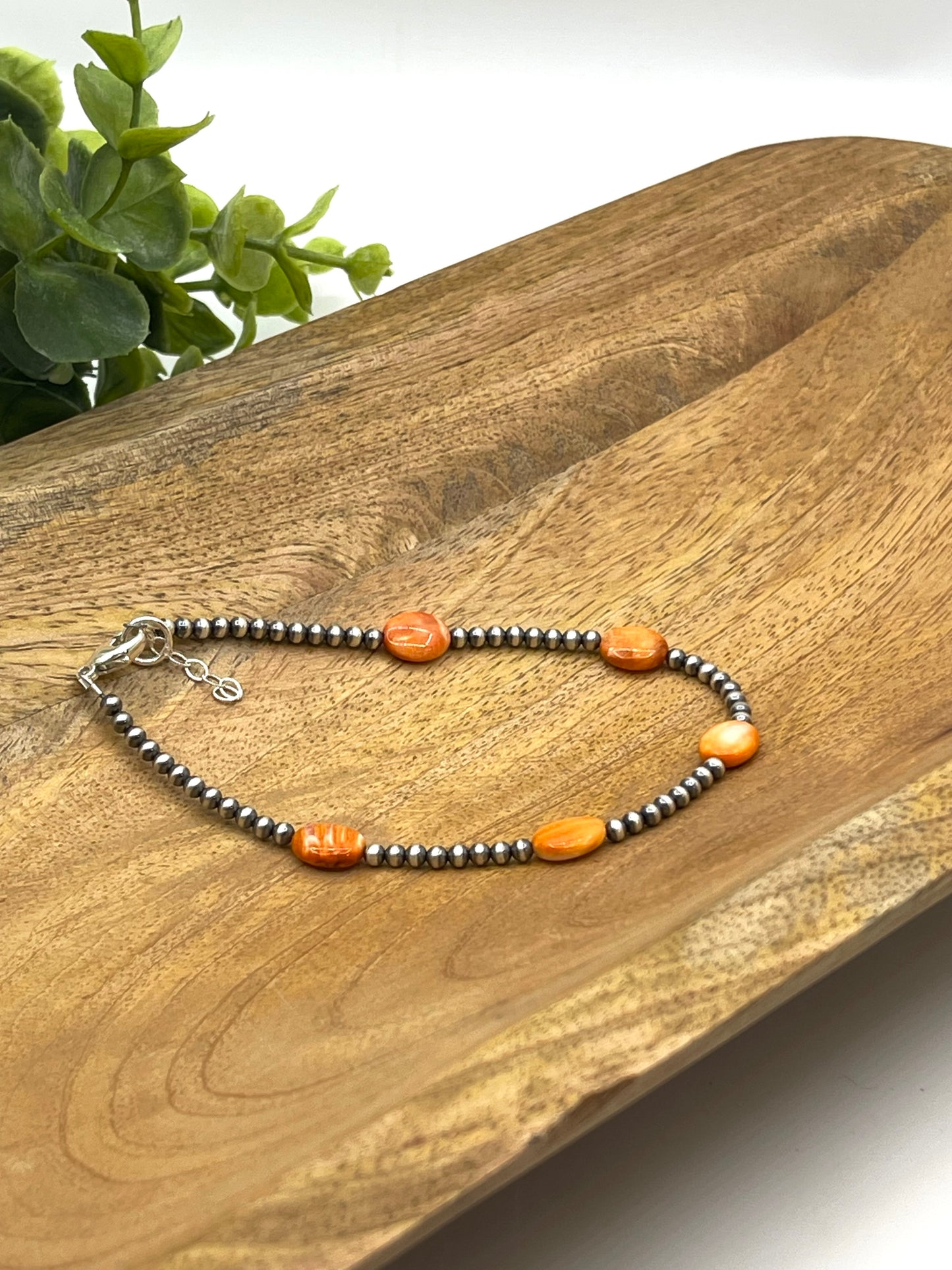 Orange Spiny Oyster Anklet on 3mm Navajo Pearls
