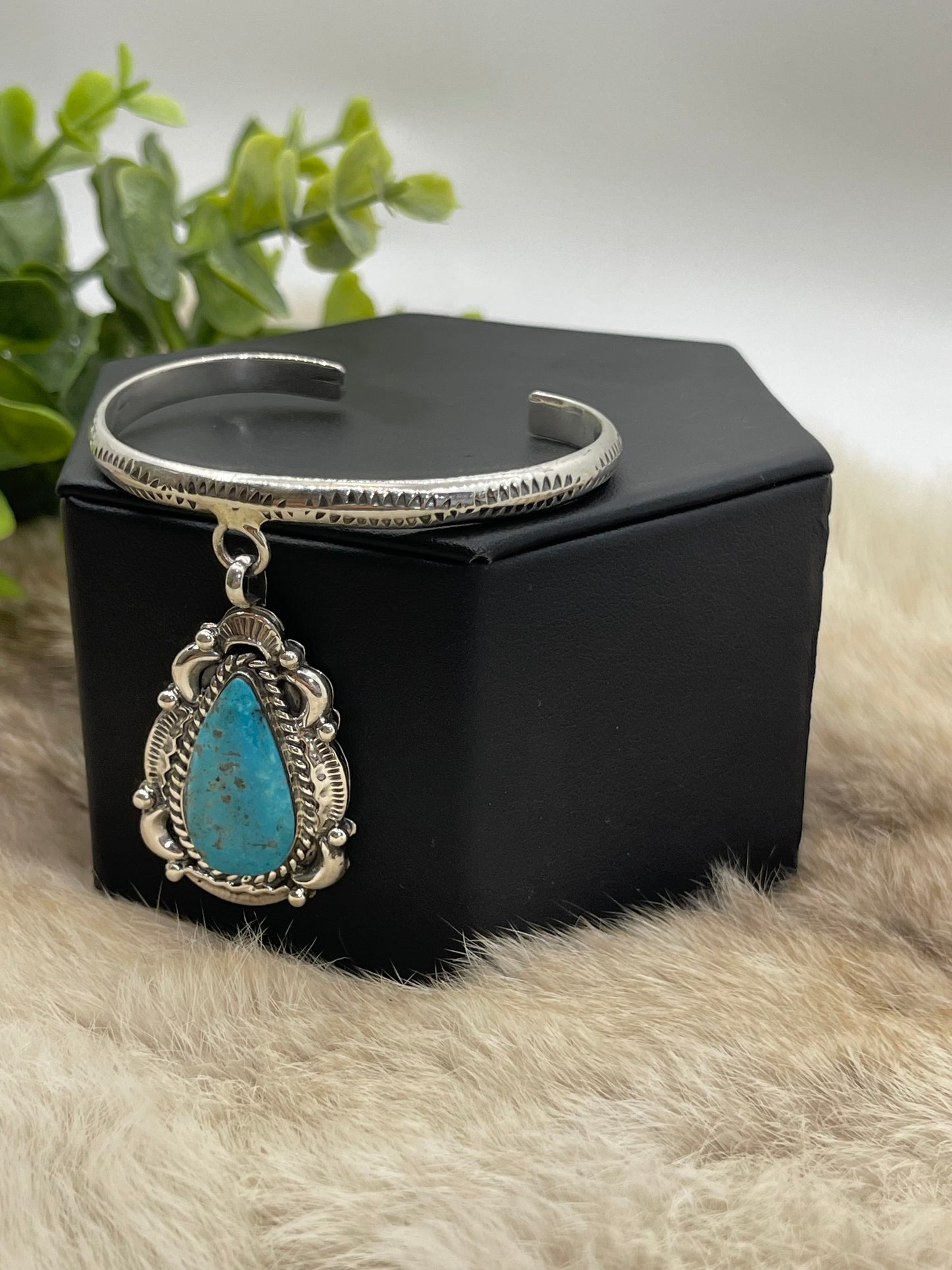 5.5"-7" Silver Cuff With Dangle Turquoise By Dorthy Lee, Navajo