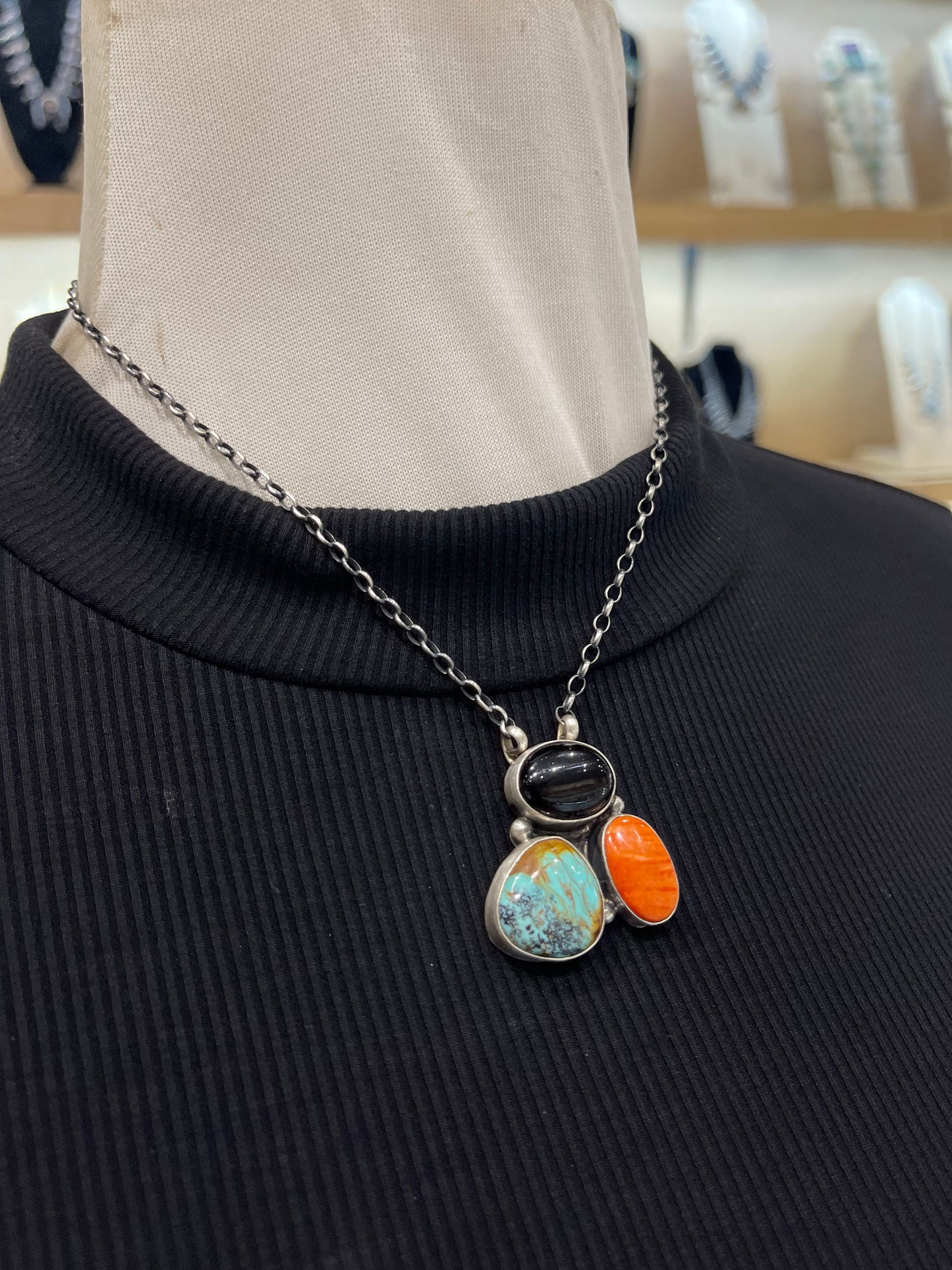 16" Multi-Colored 3 Stone Cluster Necklace by Donovan Skeet, Navajo