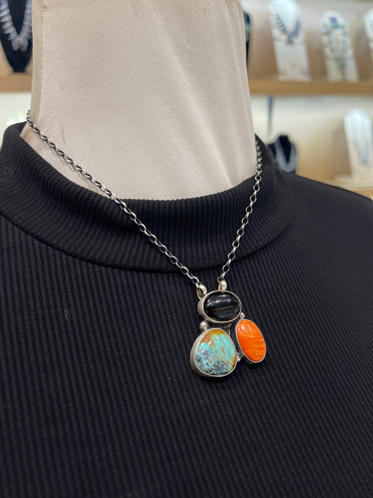 16" Multi-Colored 3 Stone Cluster Necklace by Donovan Skeet, Navajo