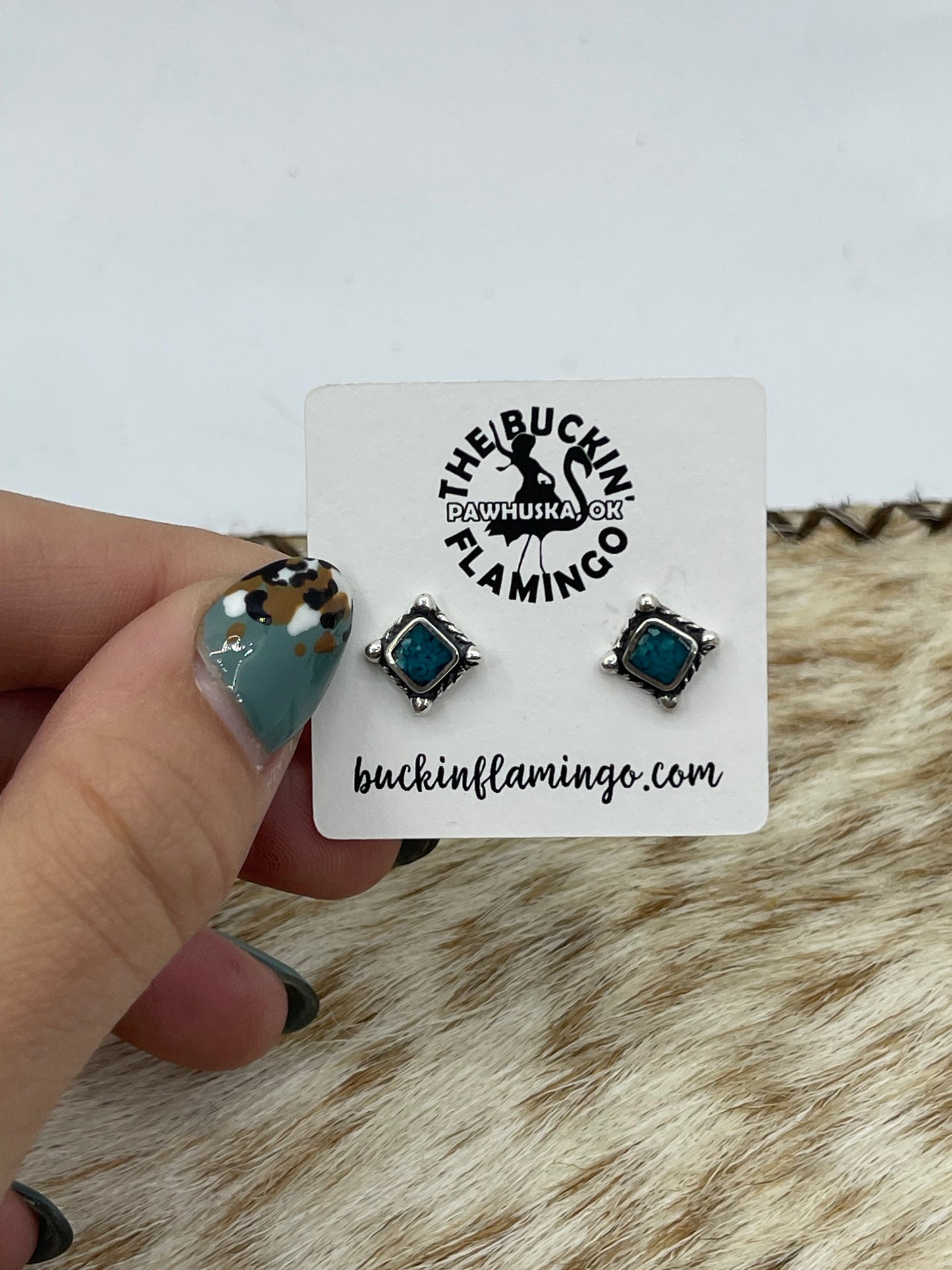 Small Square Turquoise Chip Inlay Post Earrings