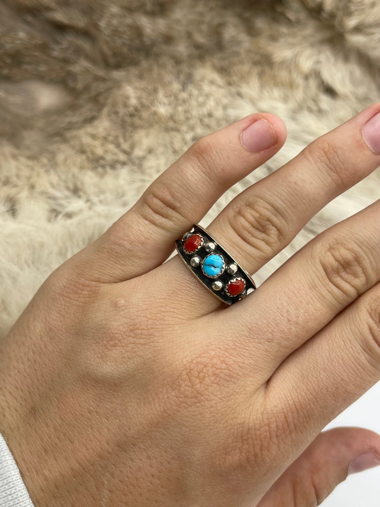 11.0 Red Coral & Blue Turquoise Ring, Navajo Made