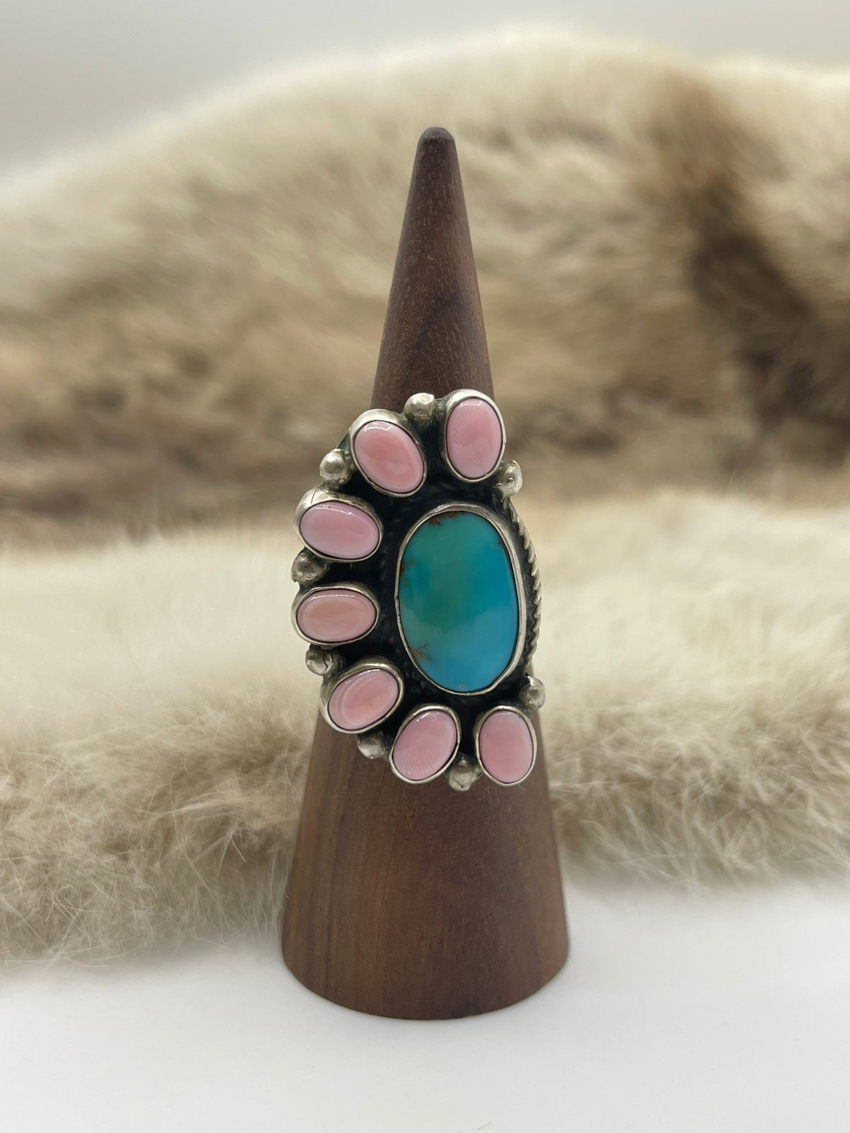 7.0 Half Cluster Turquoise & Pink Conch Shell Ring by Geraldine James, Navajo