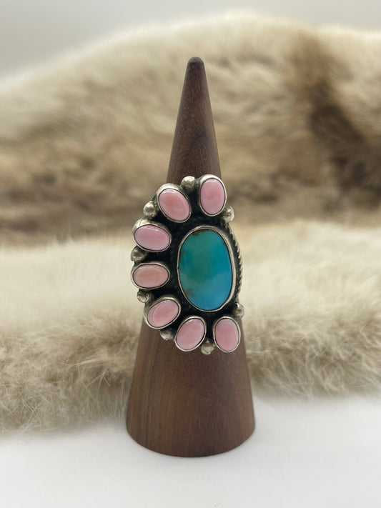 7.0 Half Cluster Turquoise & Pink Conch Shell Ring by Geraldine James, Navajo