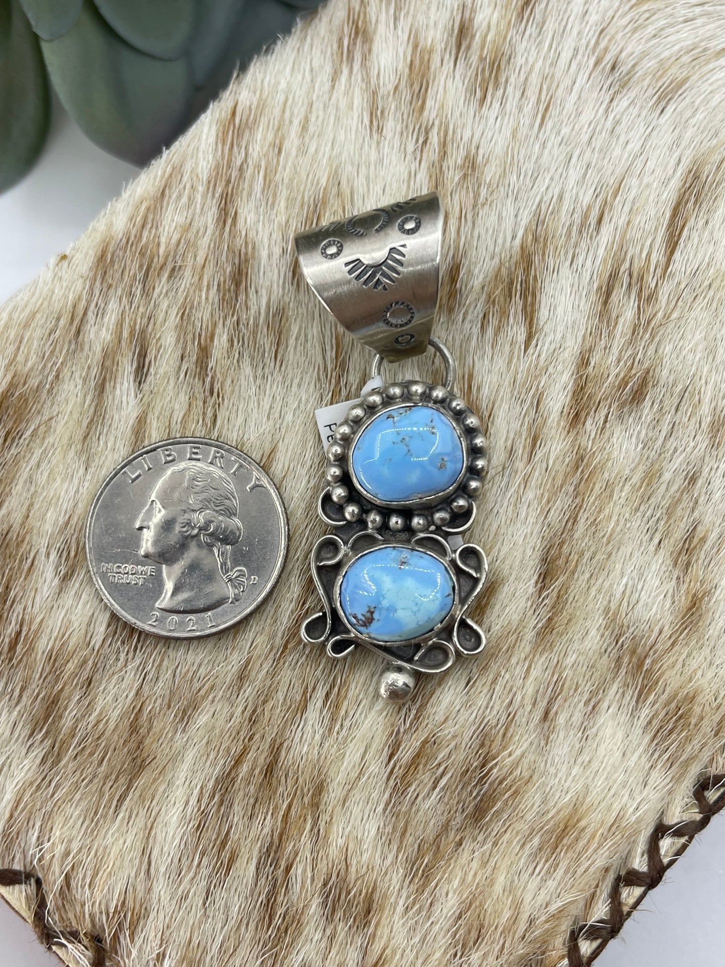 Golden Hills Turquoise 2 Stone Pendant by T. Nez Sr. (13mm bale)