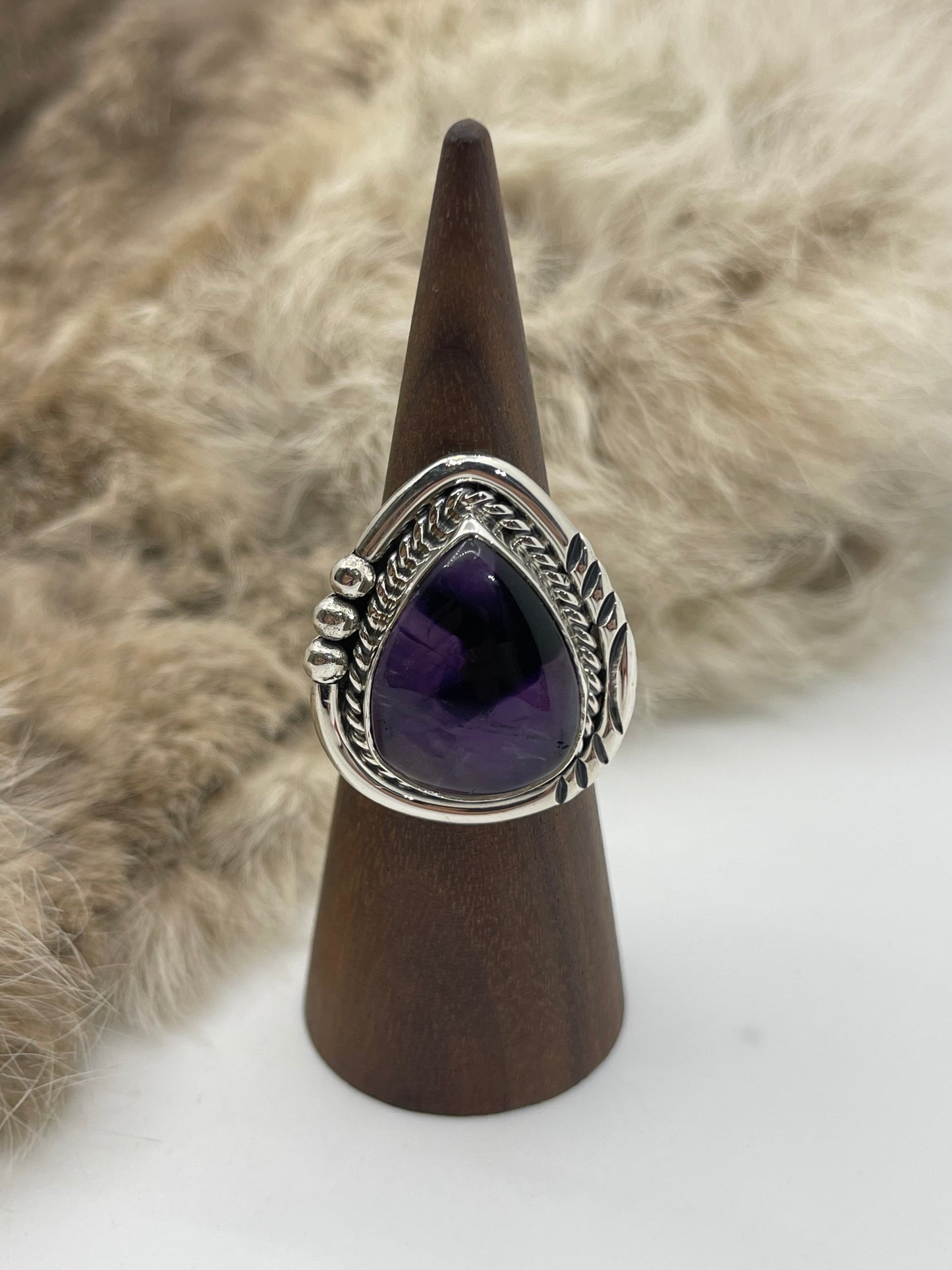 7.0 Amethyst Teardrop Shape Ring by Ray Tom, Navajo