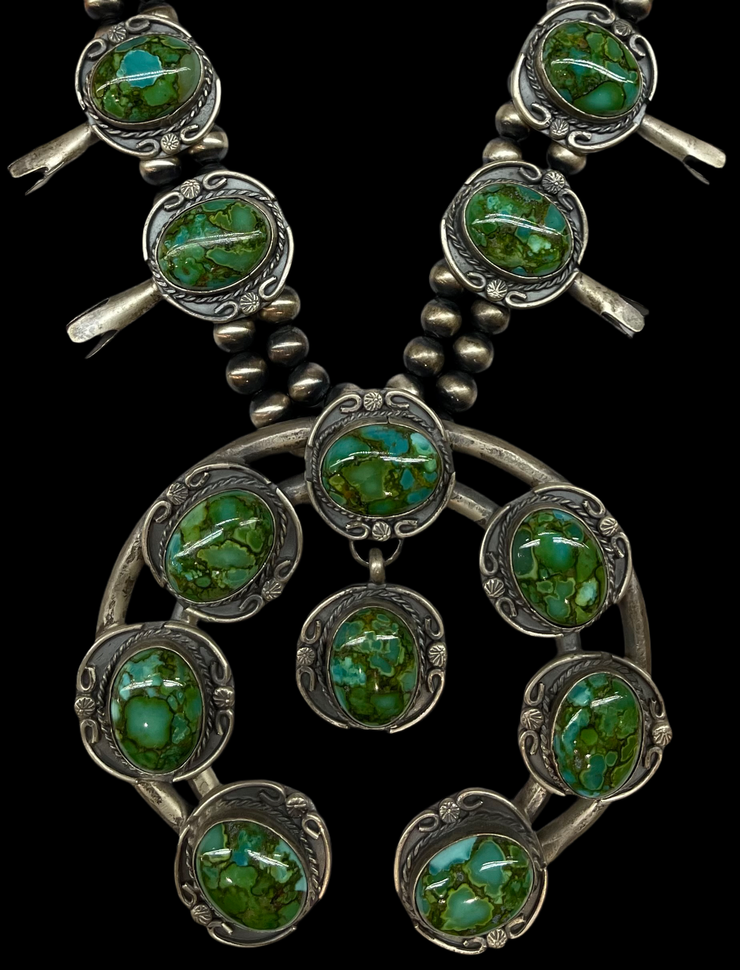 Native American made squash blossom Sonoran Gold Turquoise by Gilbert Nez