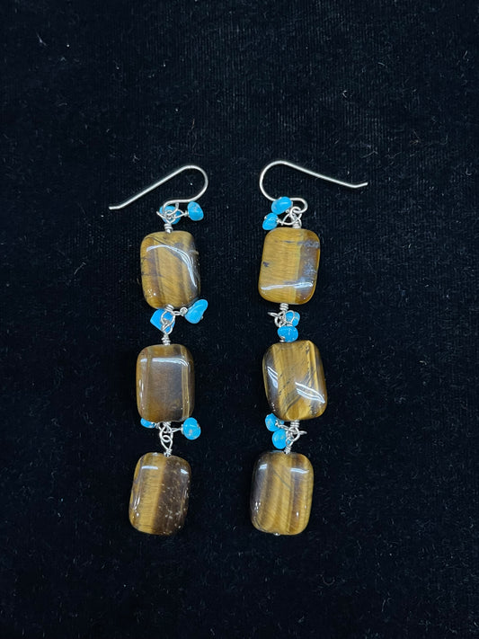 3 Stone Tigers Eye and Turquoise Dangle Earrings