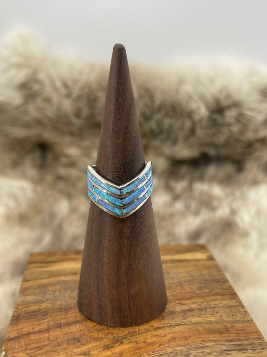 7.0 3 Row Chevron Blue Opal Ring by Andrew Enrico, Navajo