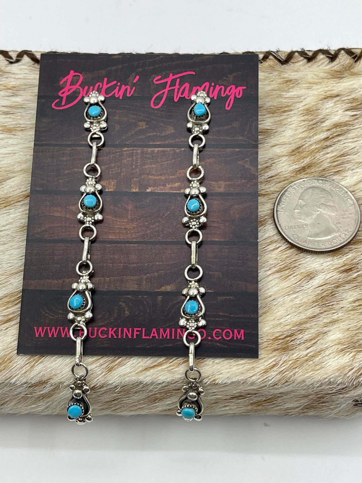 Zuni Turquoise Snake Eye Long Post Dangle Earrings by Verdi Booqua, Zuni