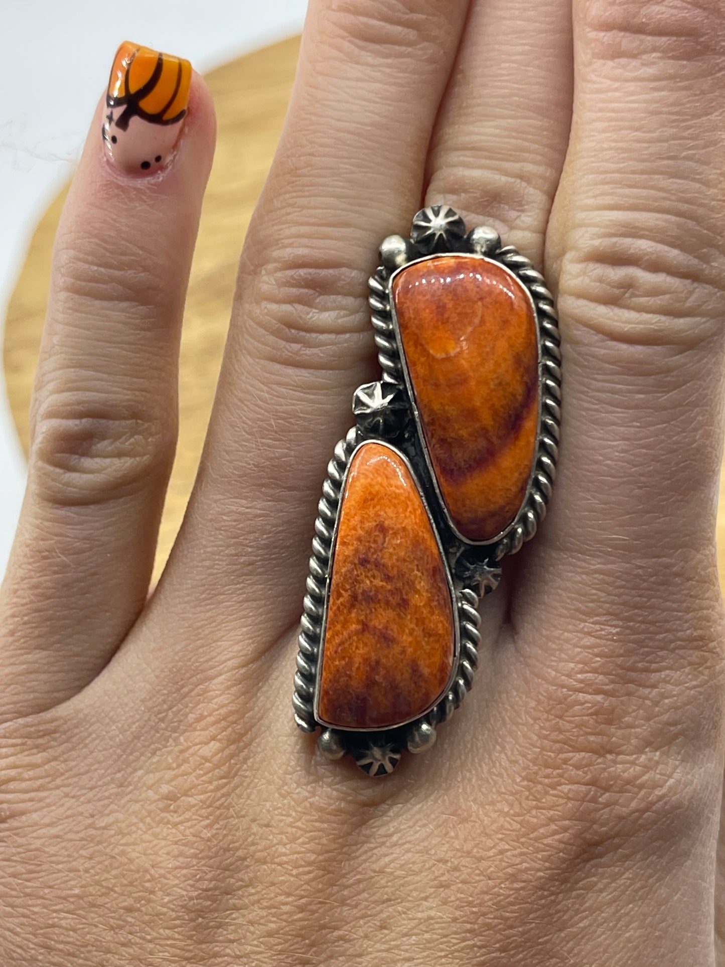 Adjustable 2 Stone Orange Spiny Oyster Shell ring by Eugene Belone, Navajo