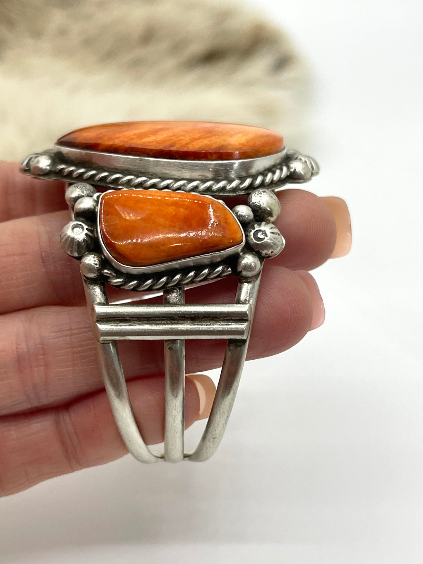 3 Stone Orange Spiny Oyster Cuff by Augustine Largo, Navajo