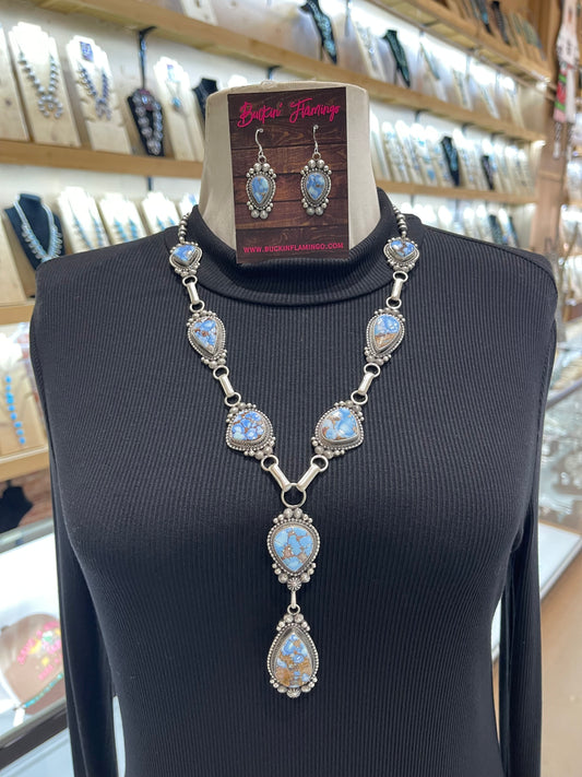 Golden Hills Turquoise Lariat 24”+4” Necklace & Earring Set by Tom Lewis, Navajo