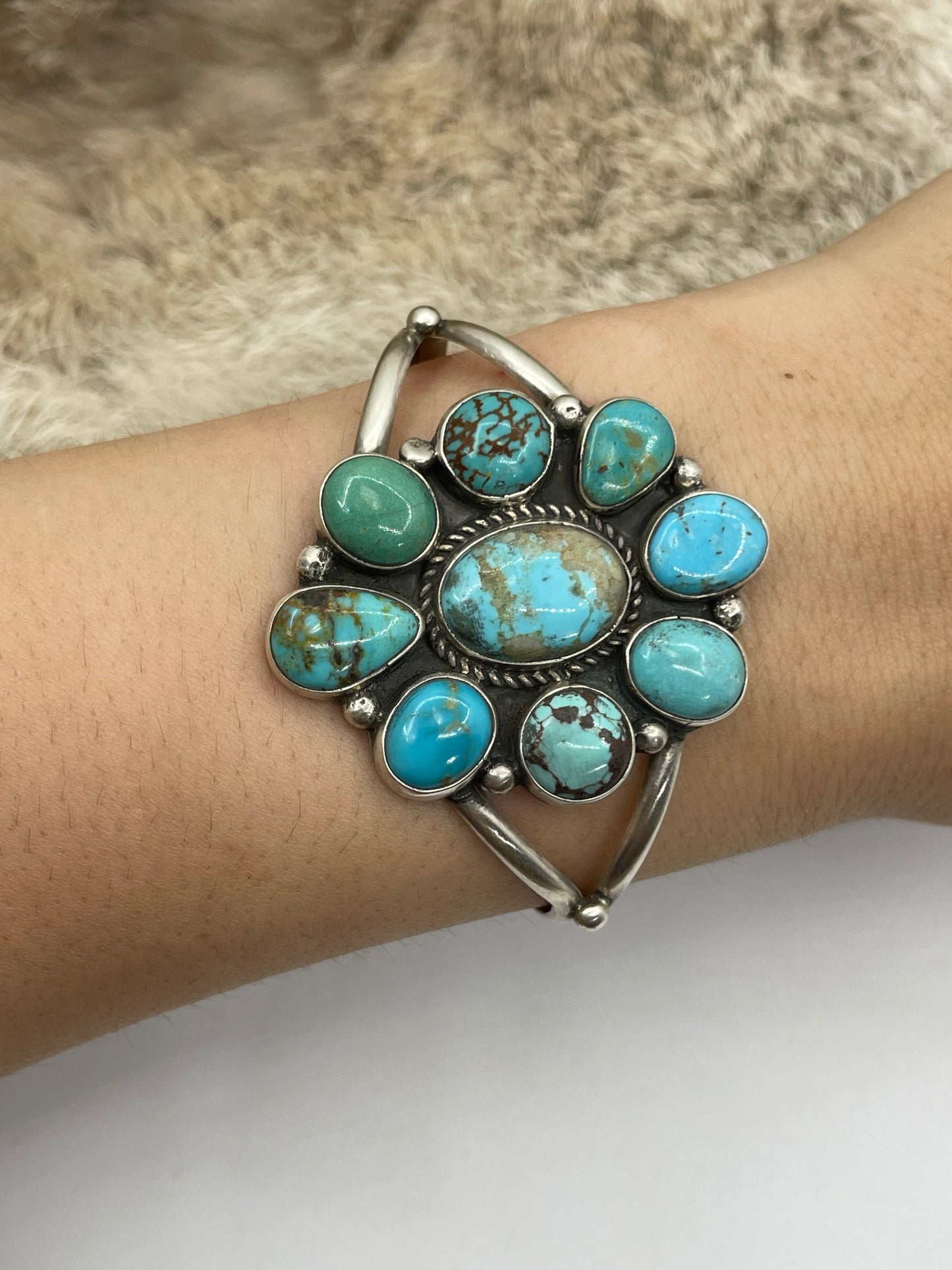 5.5"-7" Kingman Turquoise Cluster Cuff by Geraldine James, Navajo