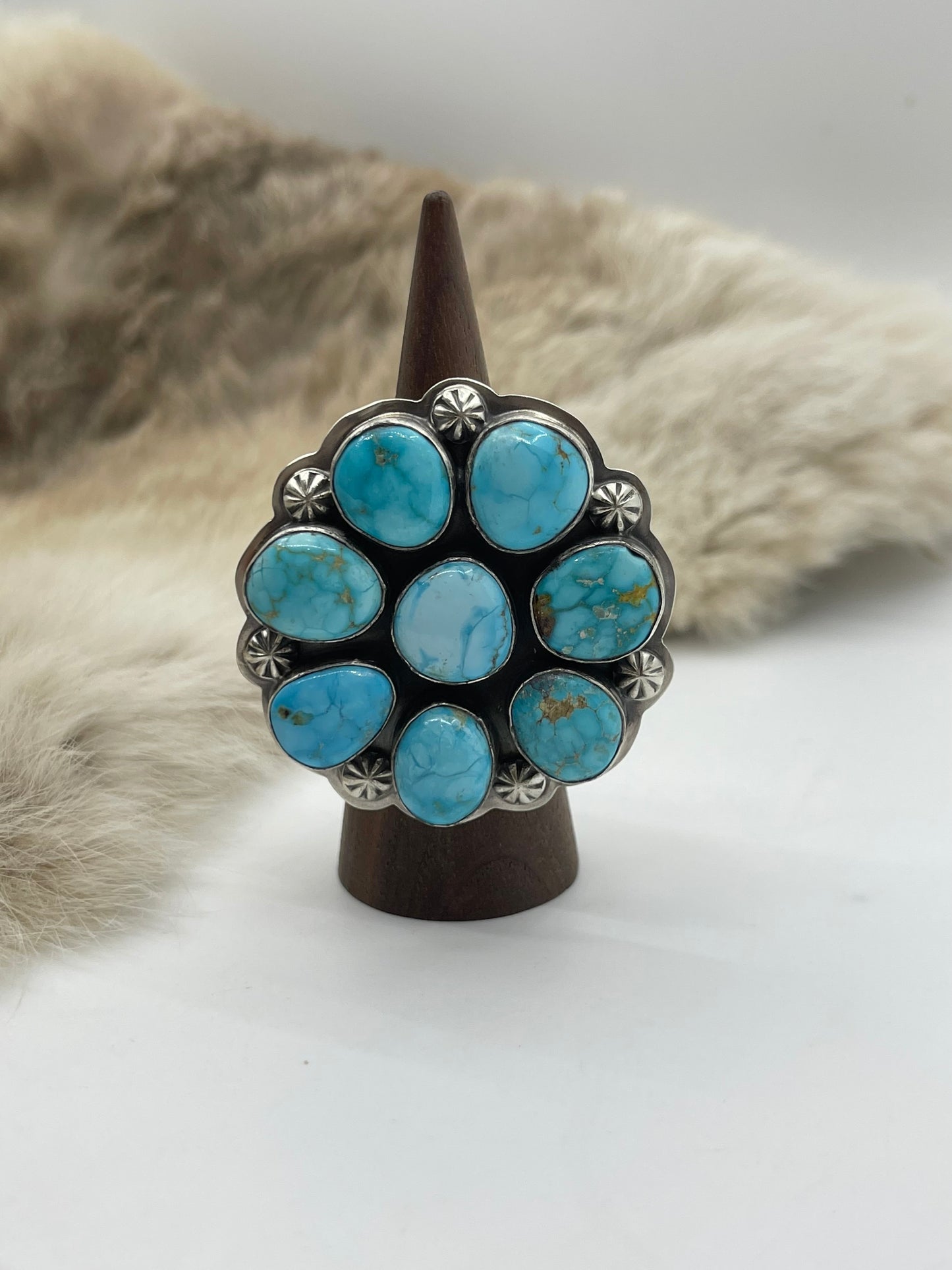 Adjustable 5.0-11.0 High Grade Kingman Turquoise Cluster Ring by Gabby Jurado, Navajo