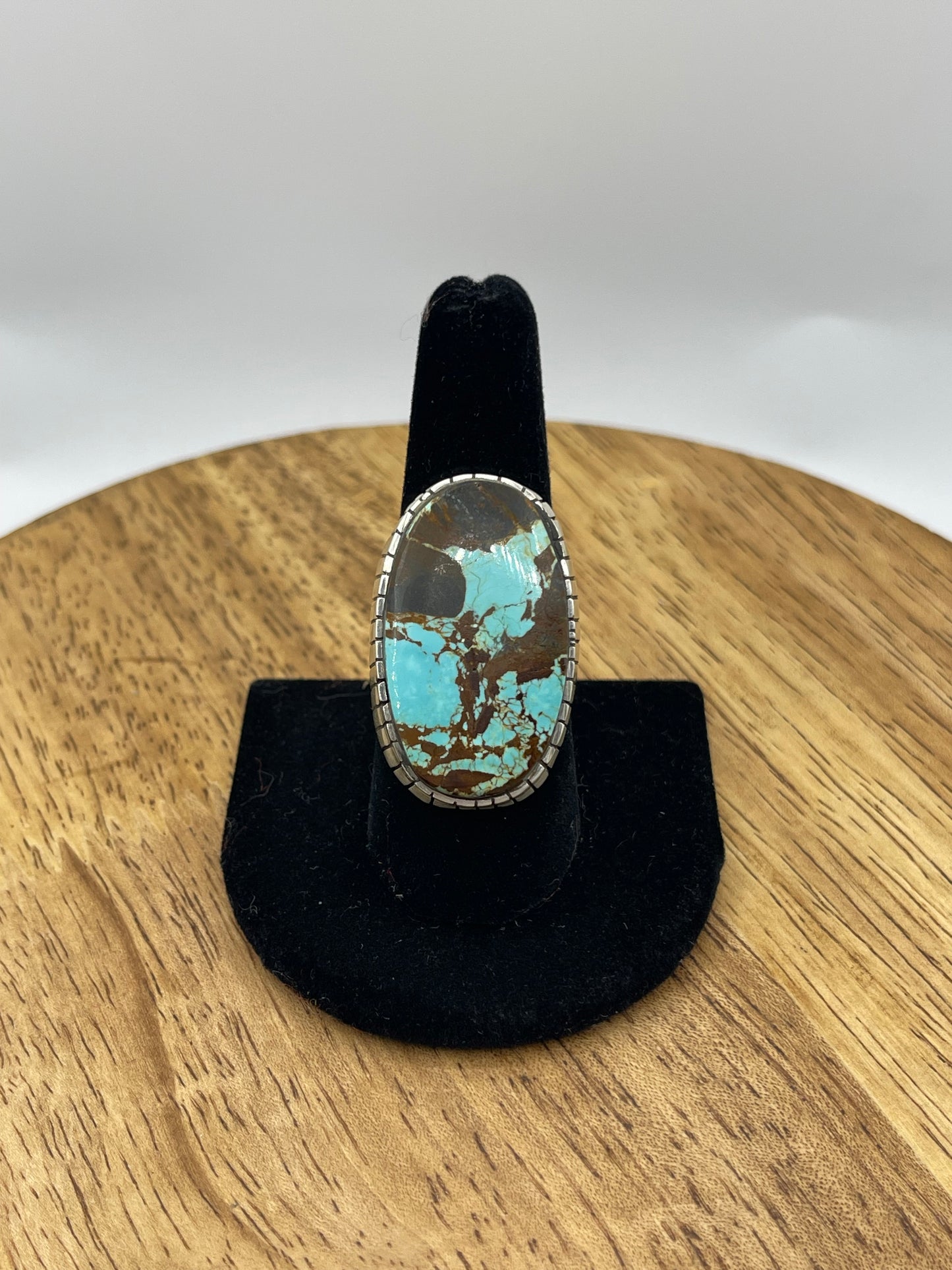 9.0 #8 Turquoise Stamped R Ring, Navajo