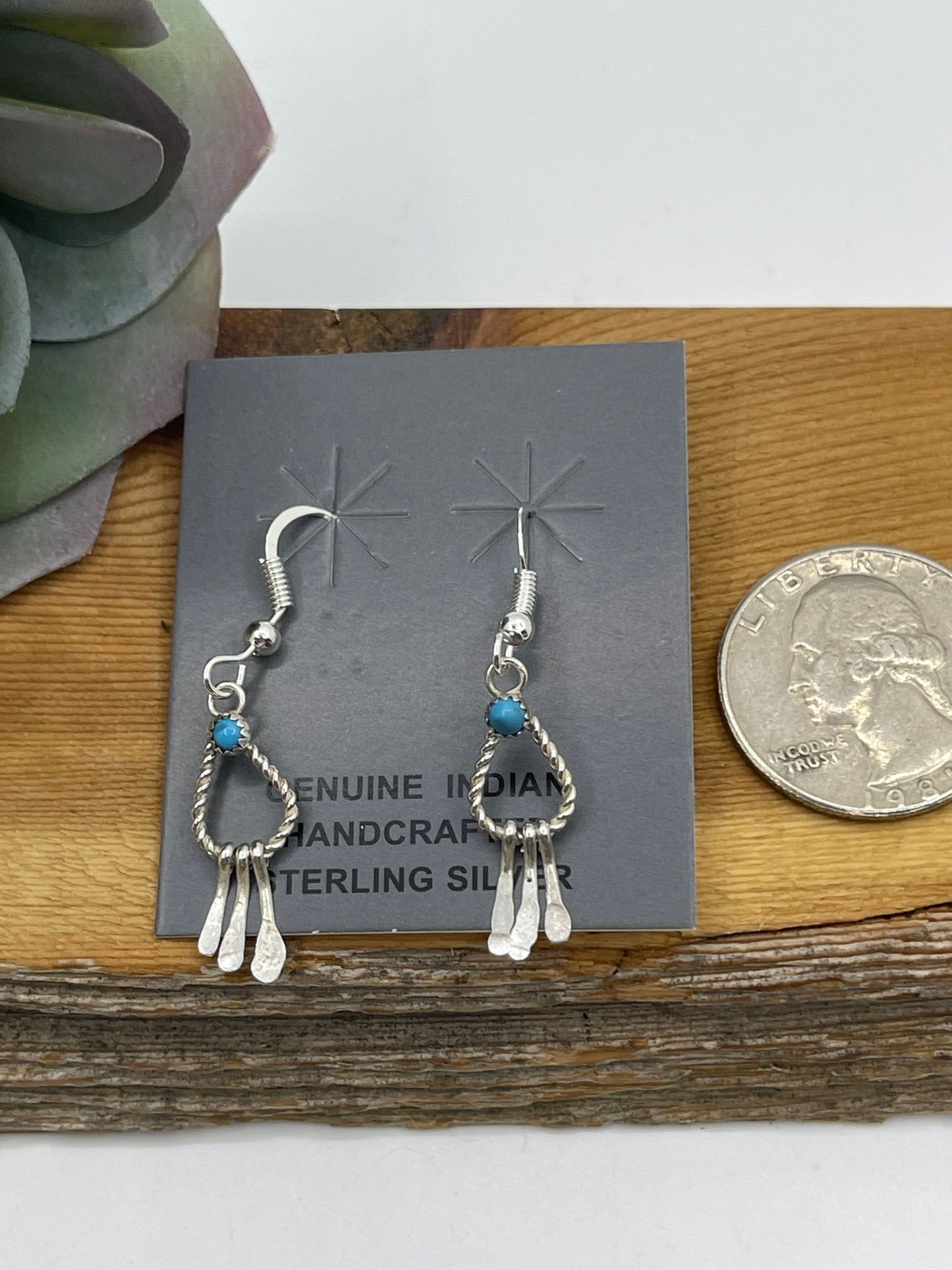Dainty Turquoise Teardrop Fringe Dangle Earrings by Sylvia Chee, Navajo