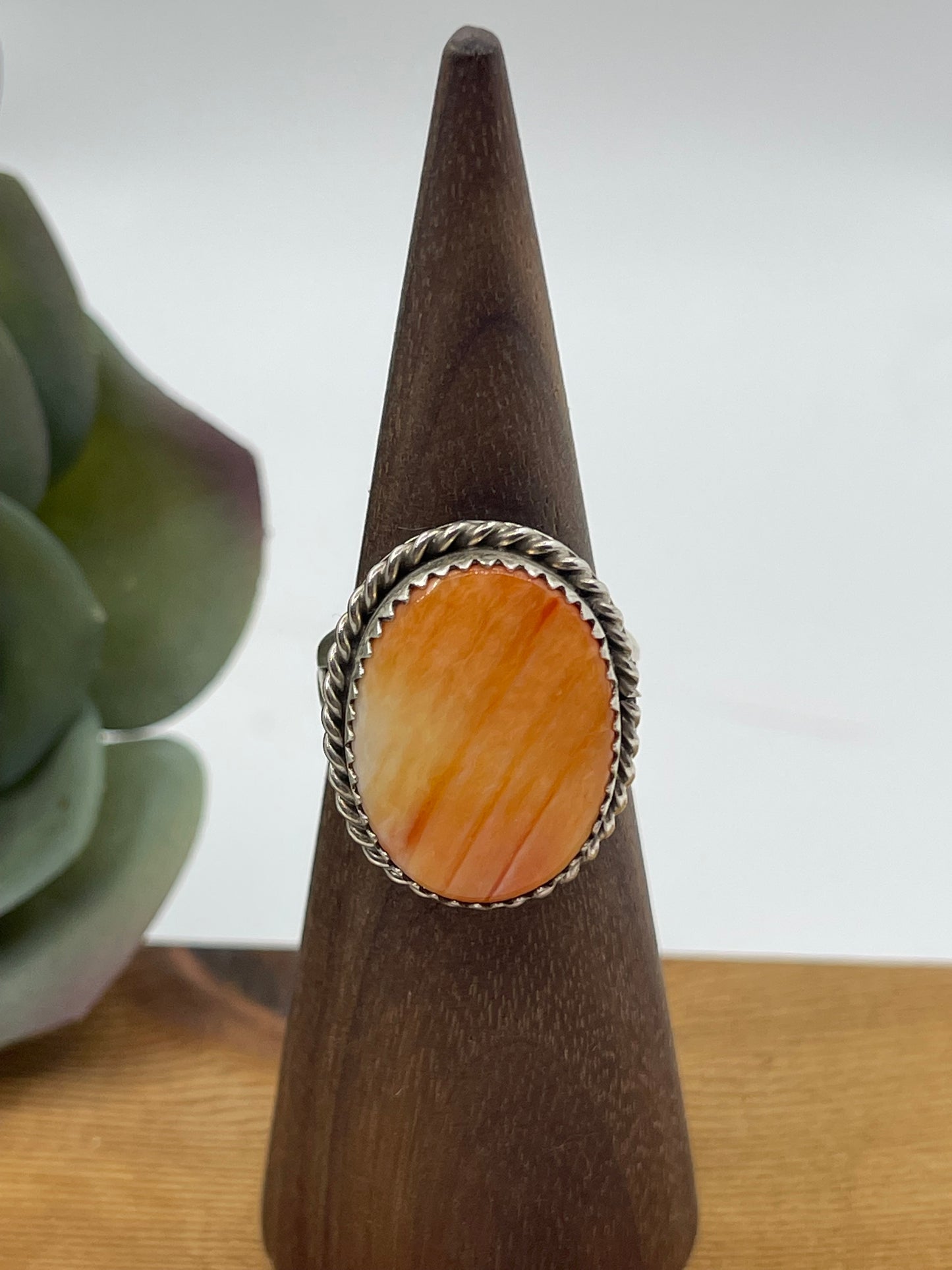5.5 Orange Spiny Oyster Shell Oval Ring by Johnny Dixon, Navajo