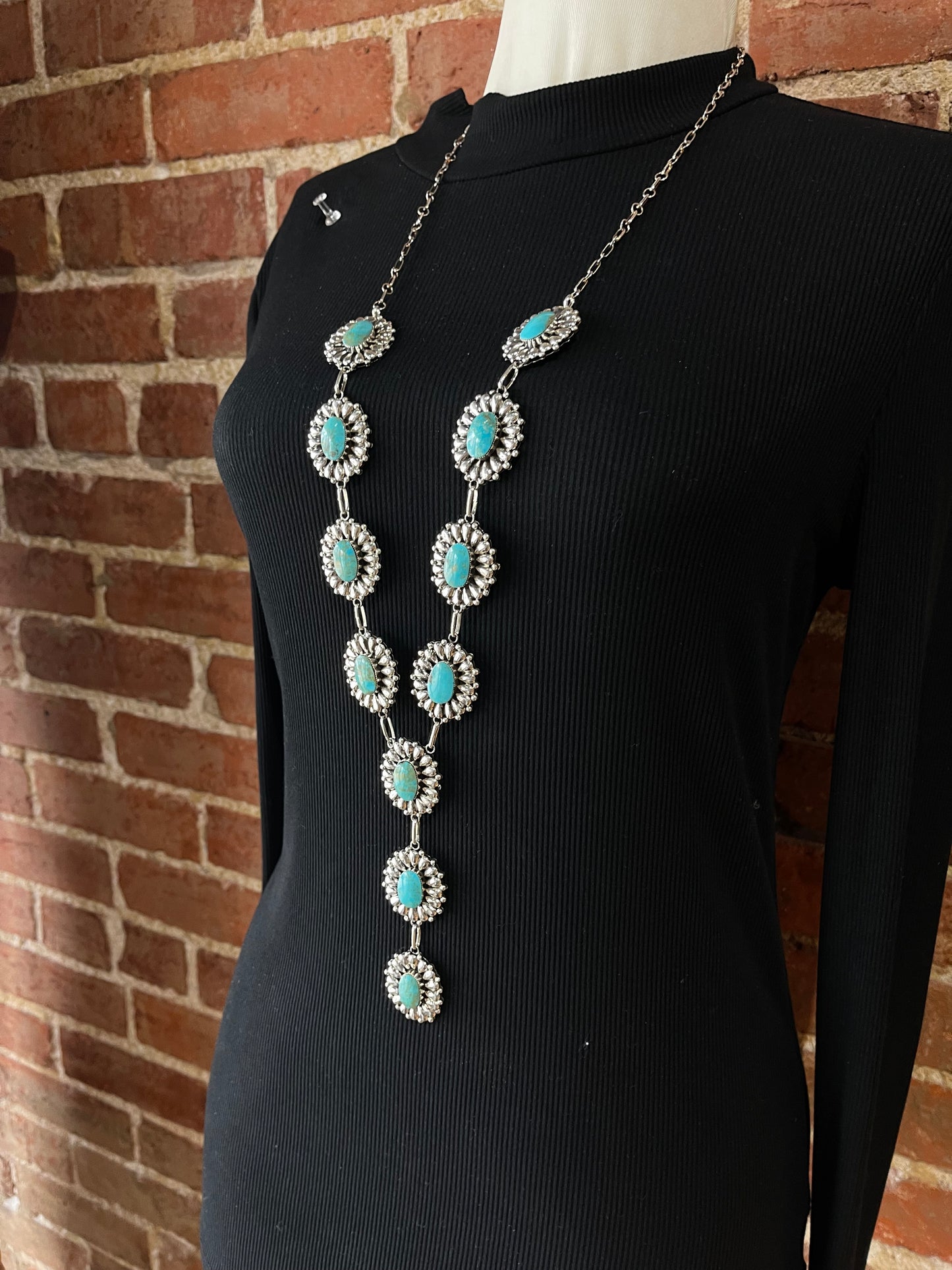 34"+5" Kingman Turquoise Lariat Necklace by Leona Delgarito, Navajo
