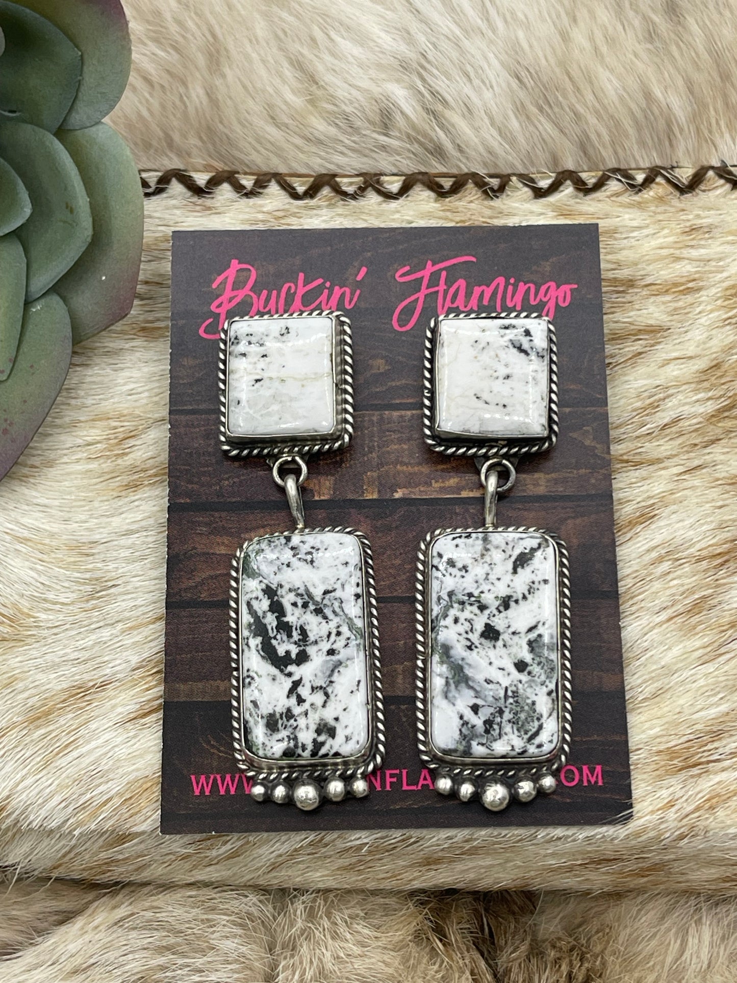 2 Stone White Buffalo Drop Dangle Post Earrings by Judith Dixon, Navajo