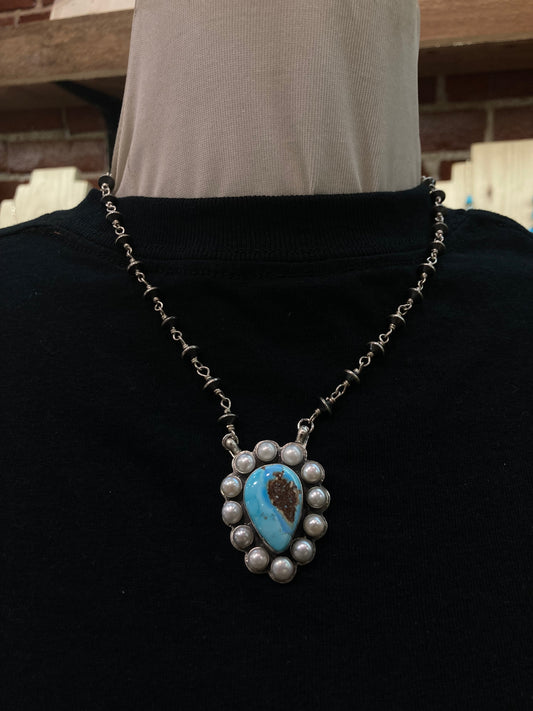 17" Golden Hill Turquoise and Freshwater Pearls Teardrop Necklace with Navajo Saucer Pearls by Kevin Billah, Navajo