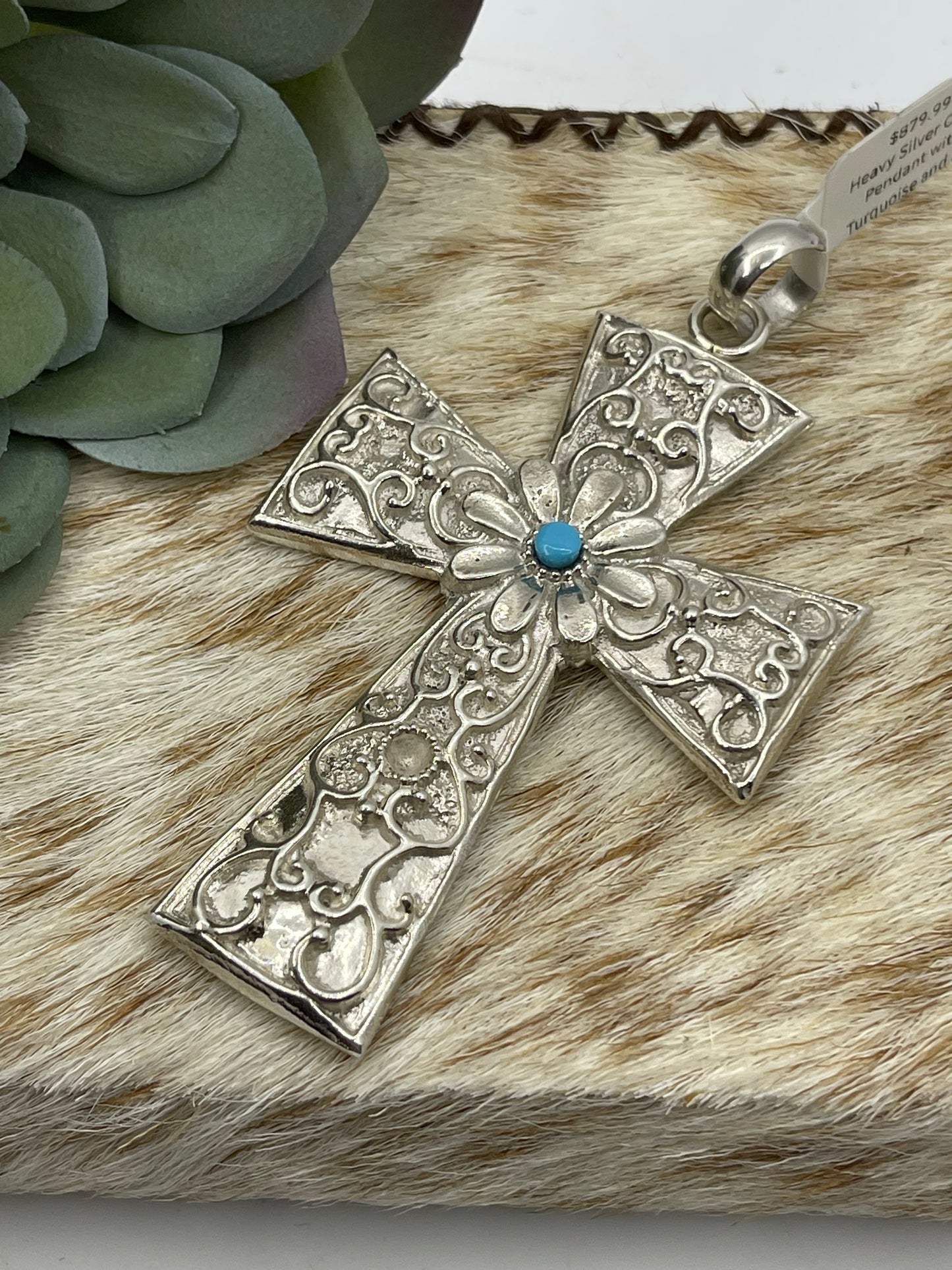 Heavy Silver Cross Pendant with Turquoise and a 10mm Bale by Virick Laweka, Zuni