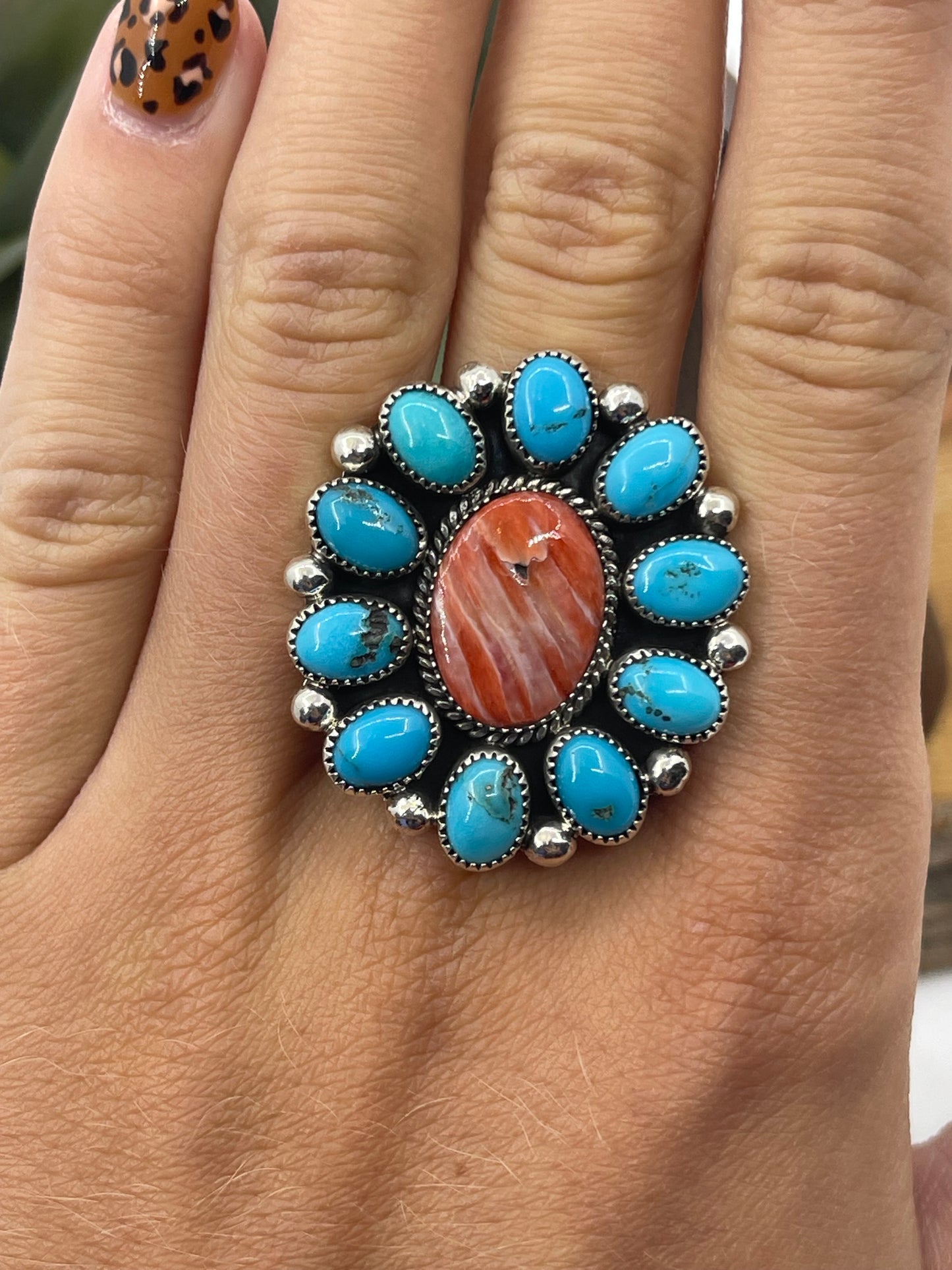 12.0 Spiny Oyster Shell and Turquoise Cluster Necklace by Loretta Delgarito, Navajo