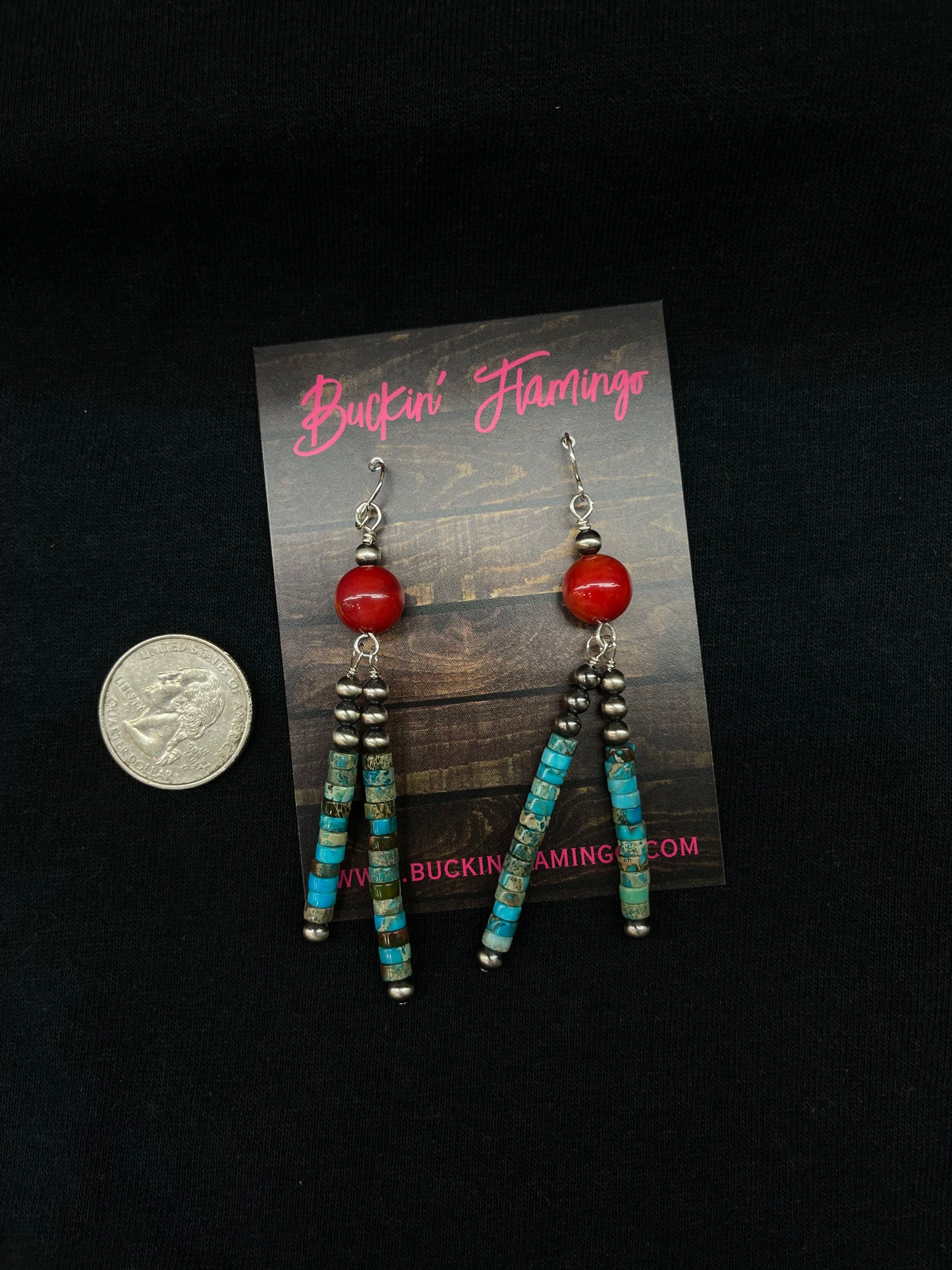 Red Coral with 4mm Navajo Pearls and Turquoise Heishi Bead Dangle Earrings