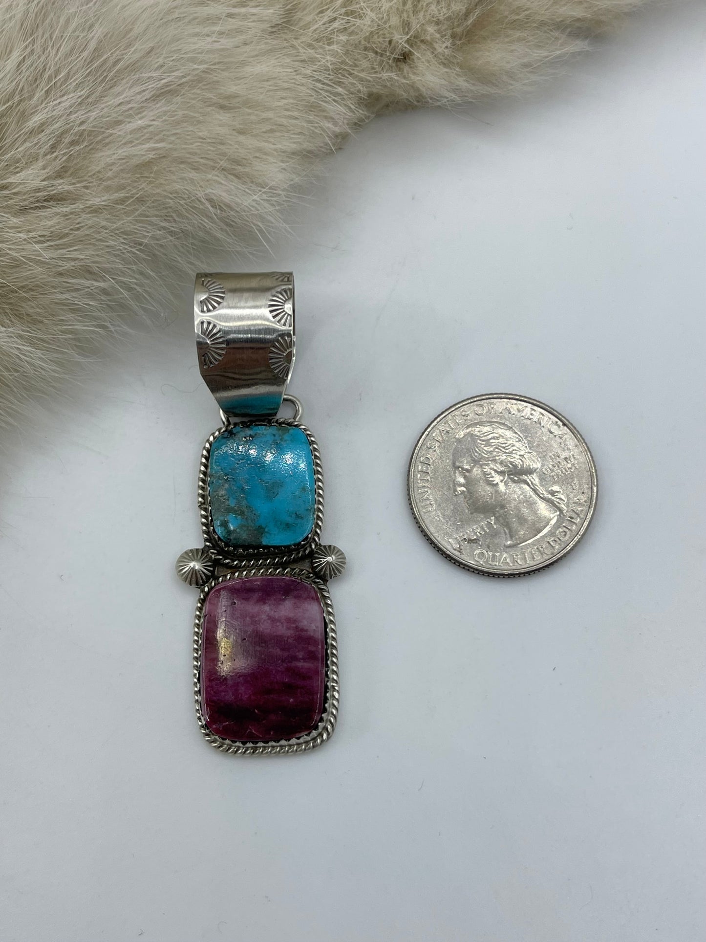 12 MM BAIL 2 STONE TURQOUISE & PURPLE SPINY PENDANT BY SELINA WARNER, NAVAJO