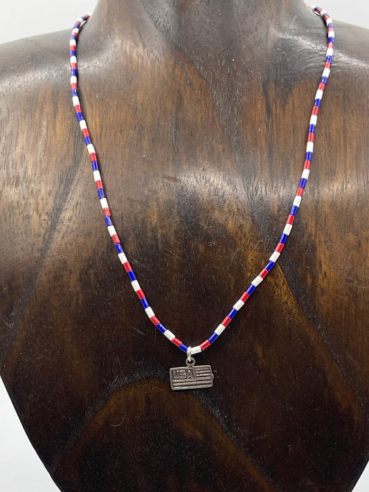 16" Coral, Lapis, and Magnesite Beaded Necklace with Silver American Flag Charm