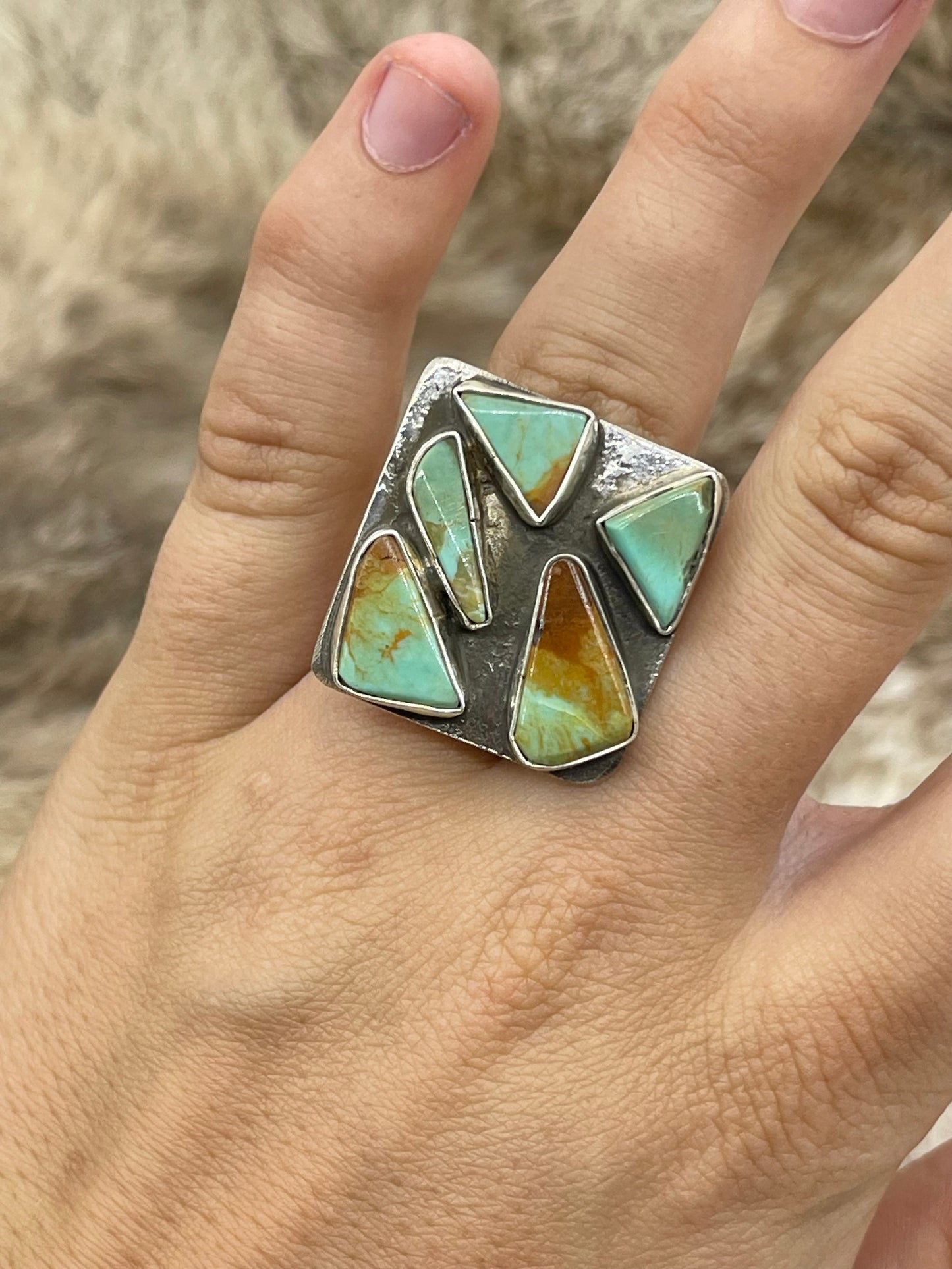 Adjustable (6.0-9.0) 5 Stone Square Ring with Royston Turquoise by Jude Candelaria, Zuni