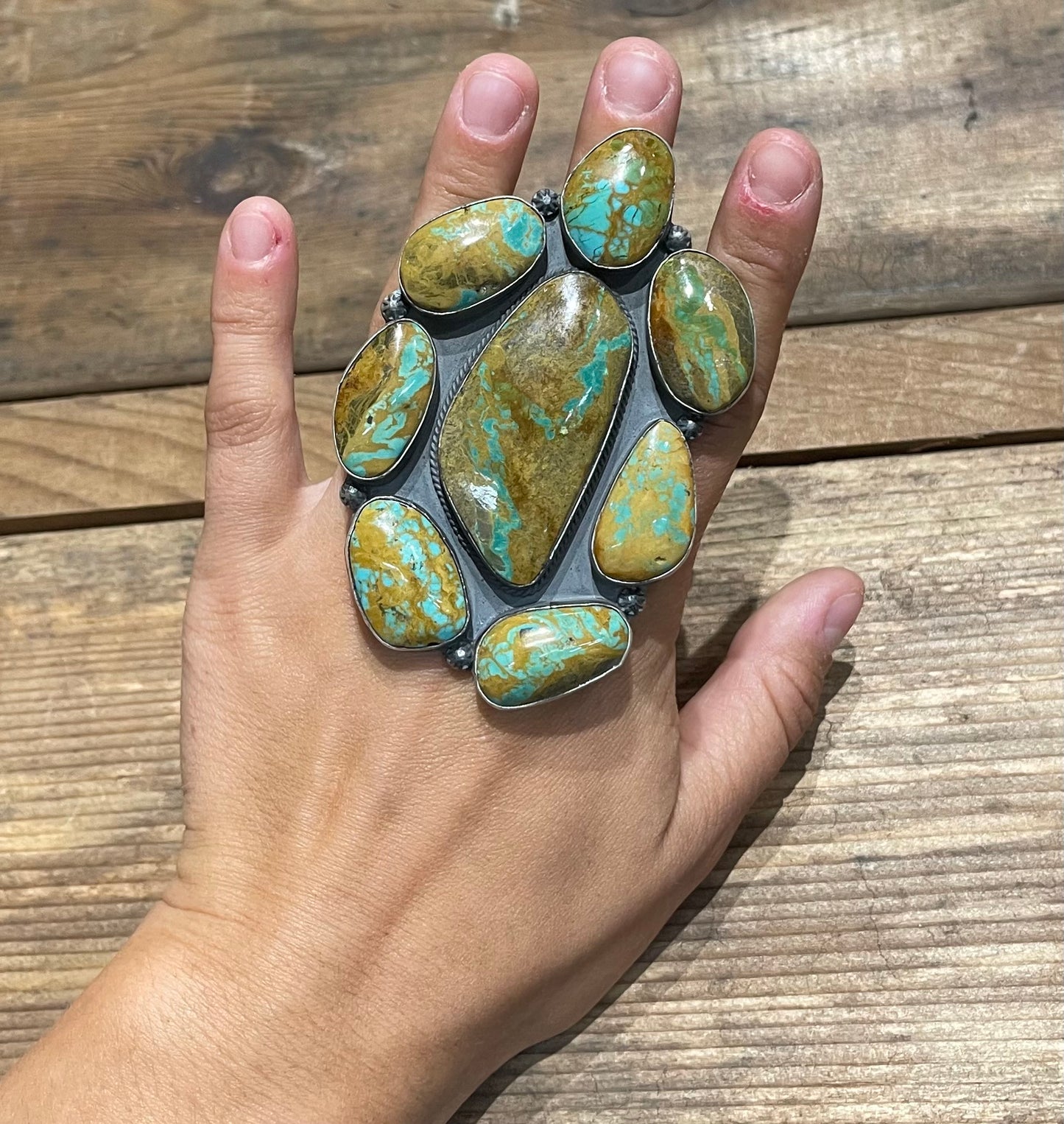 Adjustable Royston Turquoise Cluster Ring by Steven Nez, Navajo