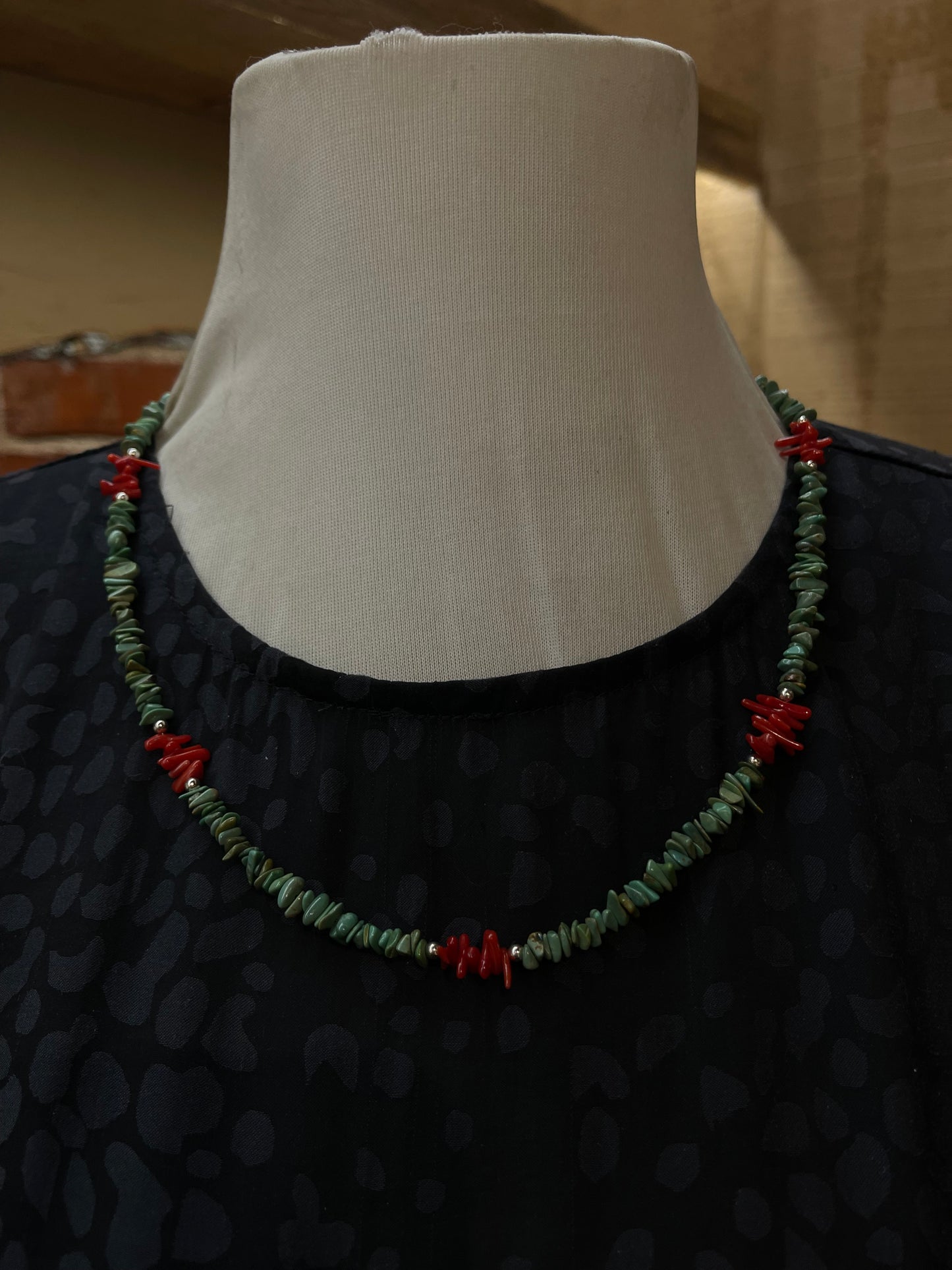 21" Turquoise and Coral Chunk Necklace